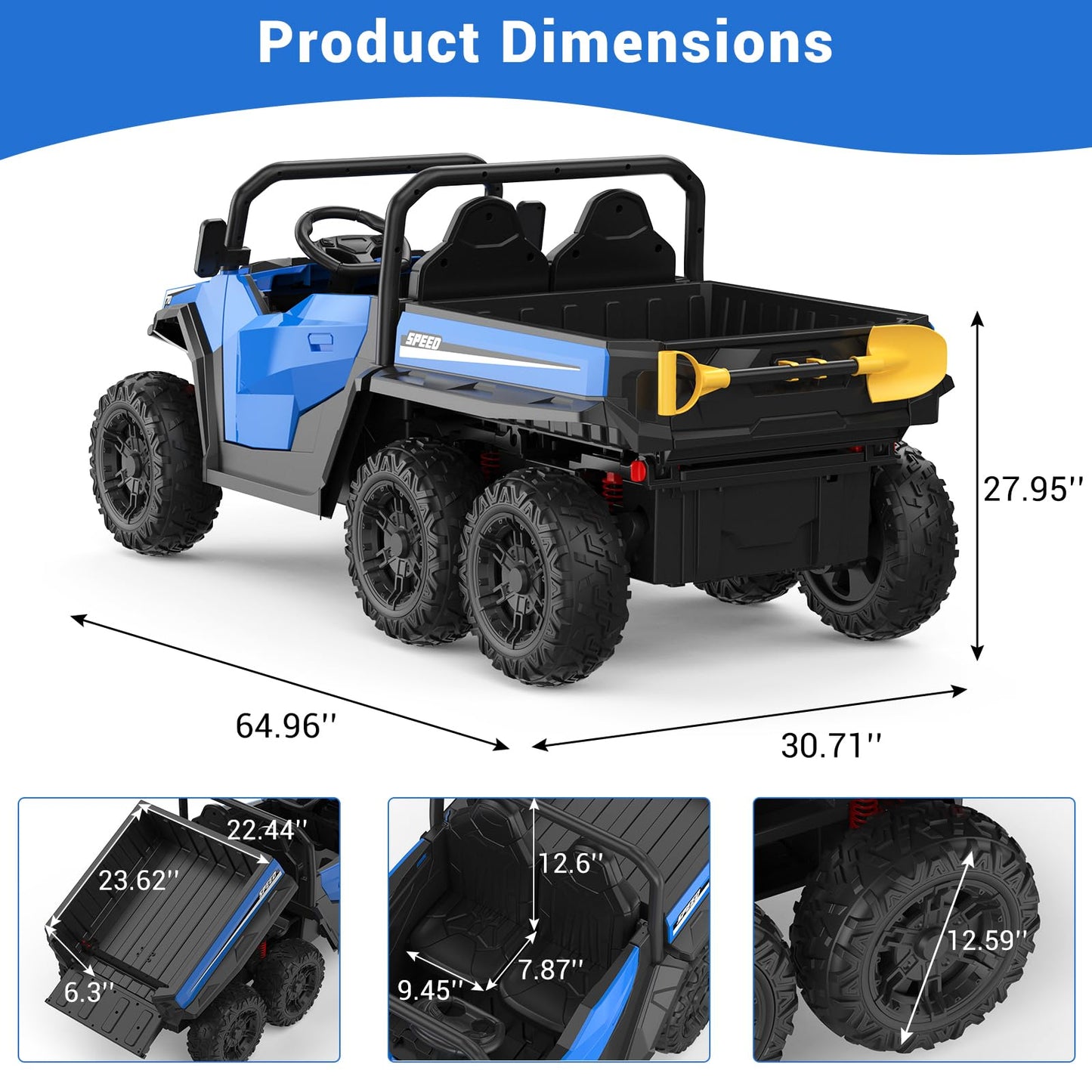 Garvee Ride - P Series: 24V 4WD Electric Ride On Dump Truck with Remote Control, 2-Seater, Music Player, LED Lights, Key Start Safety System, Durable Plastic, Off-Road Kids Toy for Ages 3+ - Blue