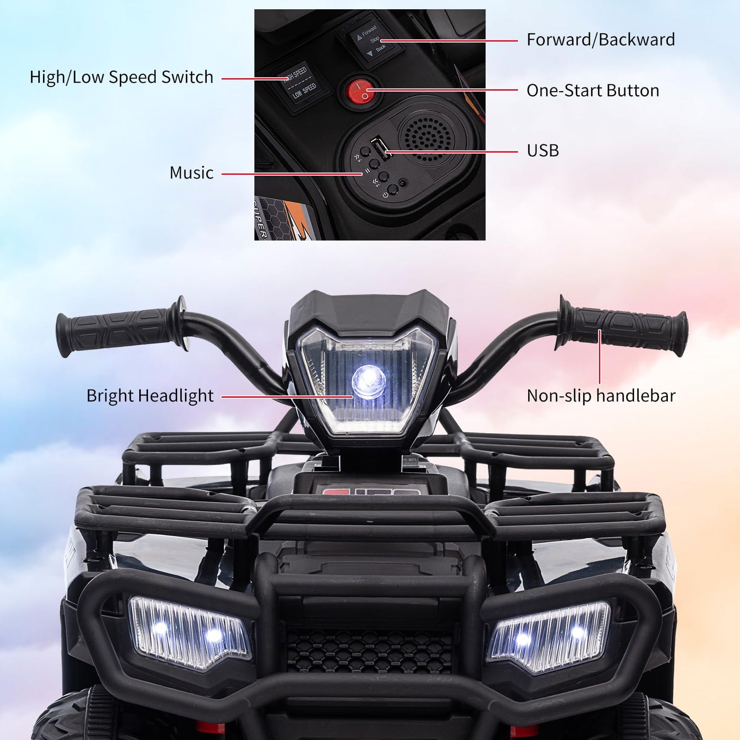 Garvee Ride - P Series: 12V Ride on Quad ATV for Kids, Electric Vehicle for Toddlers, High/Low 2.2mph Safety Speed for Child, Forward/Backward,LED Light, Music,USB for Boys Girls Gift- Balck