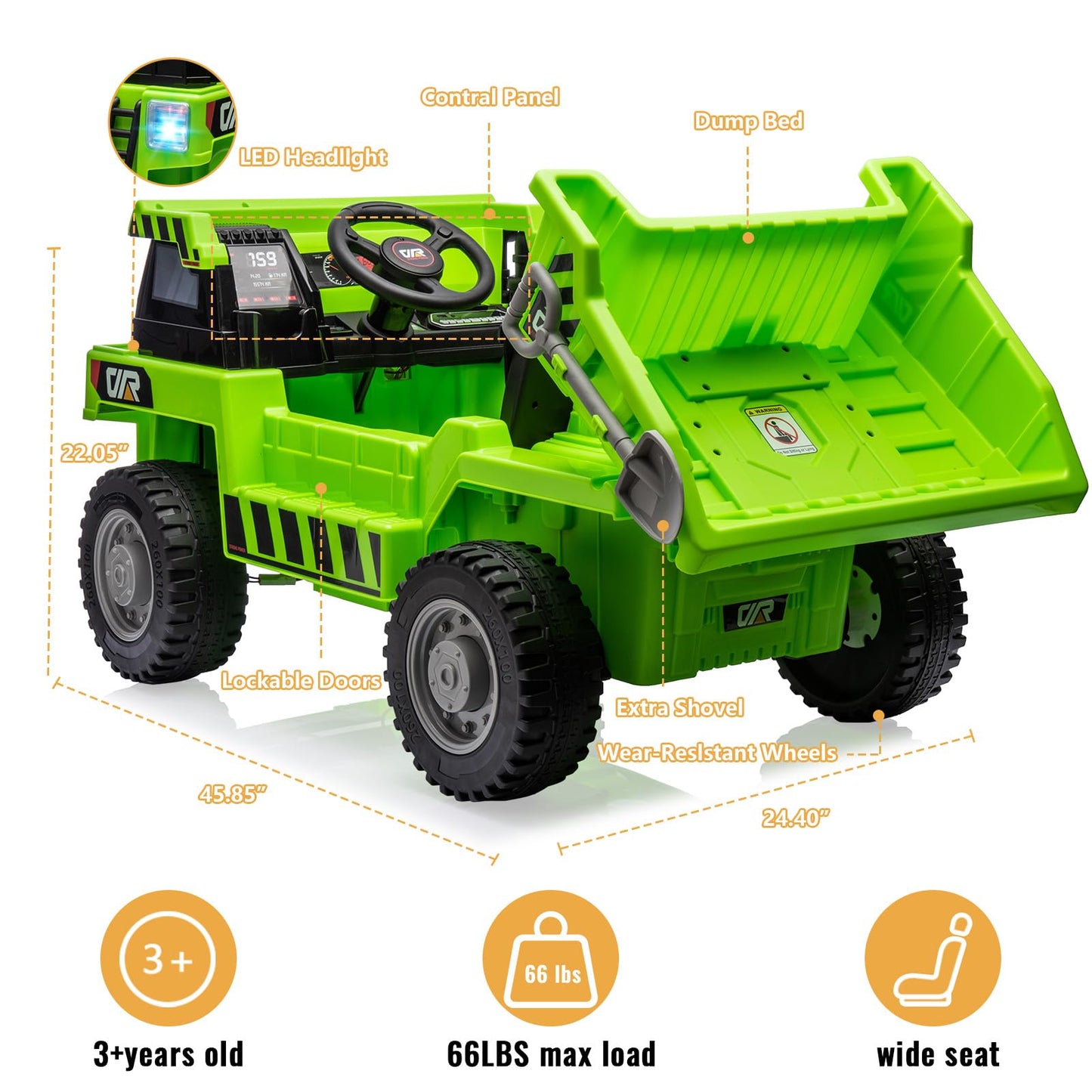 Garvee Ride - P Series: 4WD Ride On Car with Dump Truck, Electric Car for Kids with Remote Control, Toddler Car with Electric Dump Bed & Shovel, 2 Speeds,