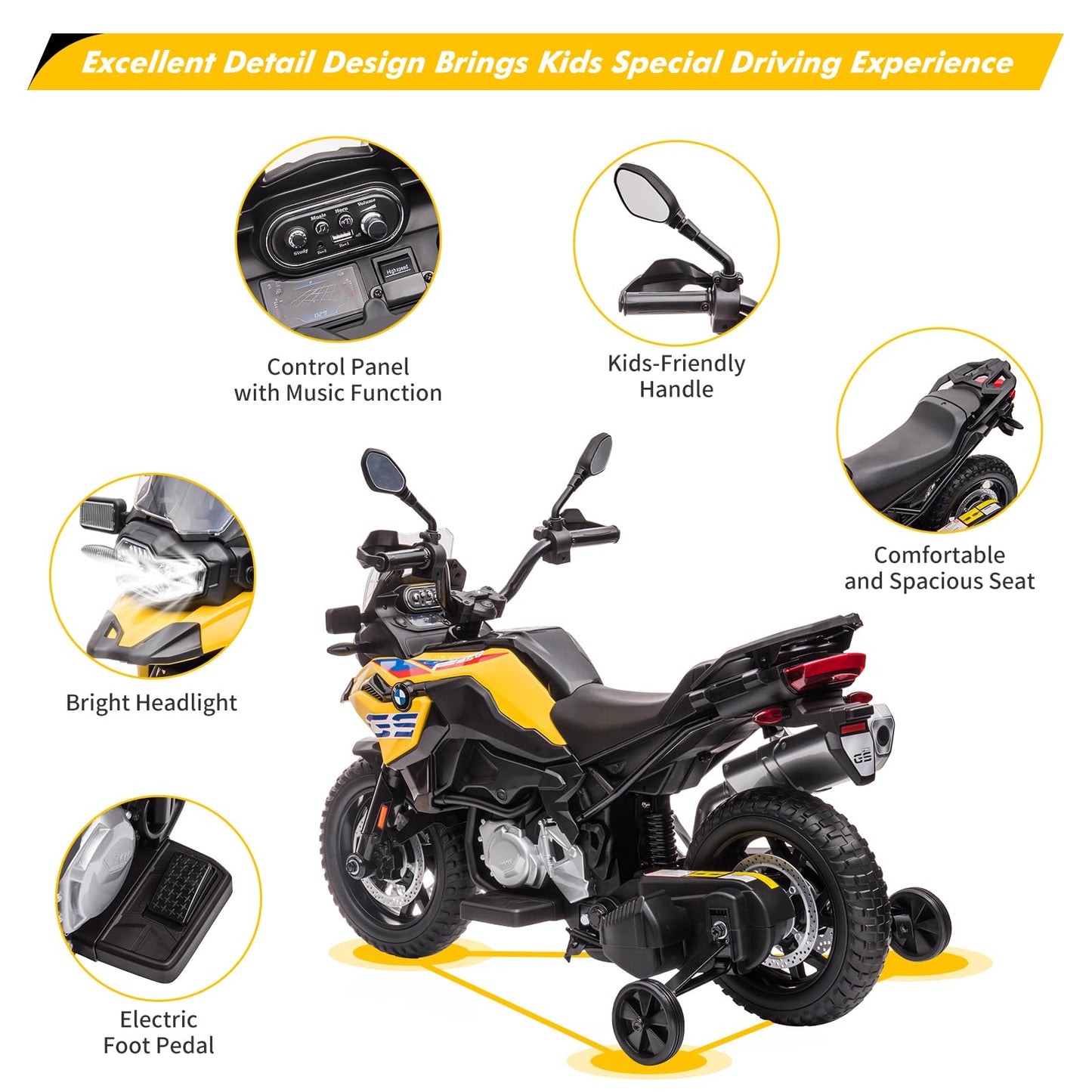 Garvee Ride - P Series: 12V 7AH Kids Motorcycle + Licensed BMW + High/Low Speed & EVA Tire + LED Headlights + Spring Suspension + Music + Boys and Girls