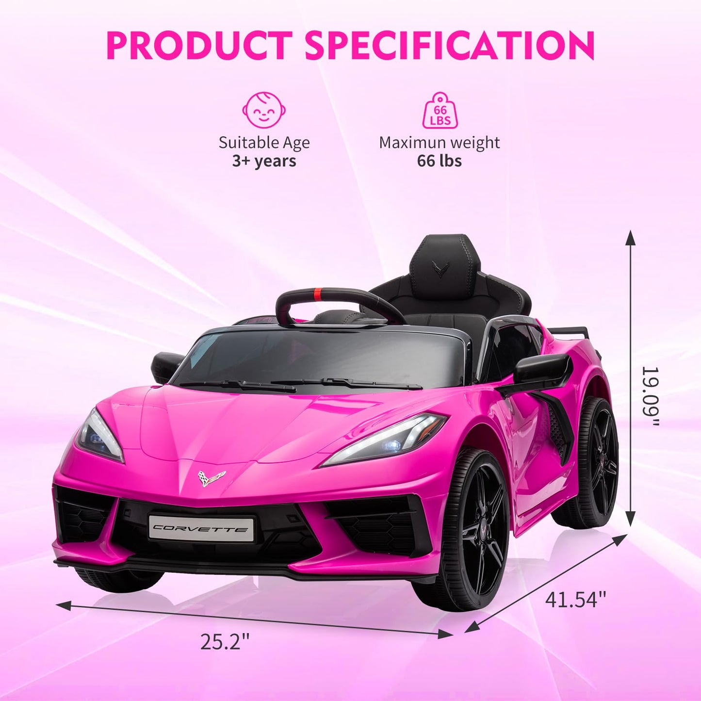Garvee Ride - P Series: 12V Kids Ride on Car Licensed Corvette Battery Powered Car Toddles Electric Sports Car Toy with Remote Control, Visual Dashboard, LED Lights, Music, Gifts for Boys Girls, Rose Red