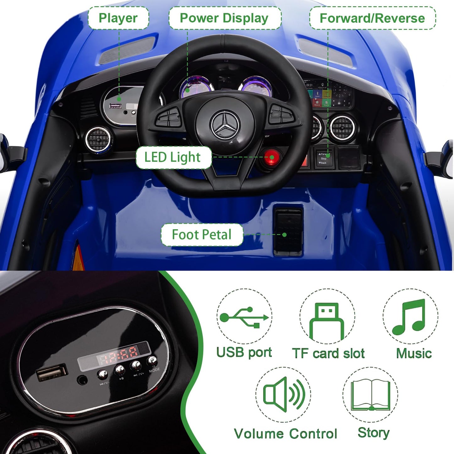Garvee Ride Car for Kids, 12V Power Battery Electric Vehicles for 3-7 Toddlers, Licensed Mercedes-Benz with Remote Control, MP3 Player - Blue