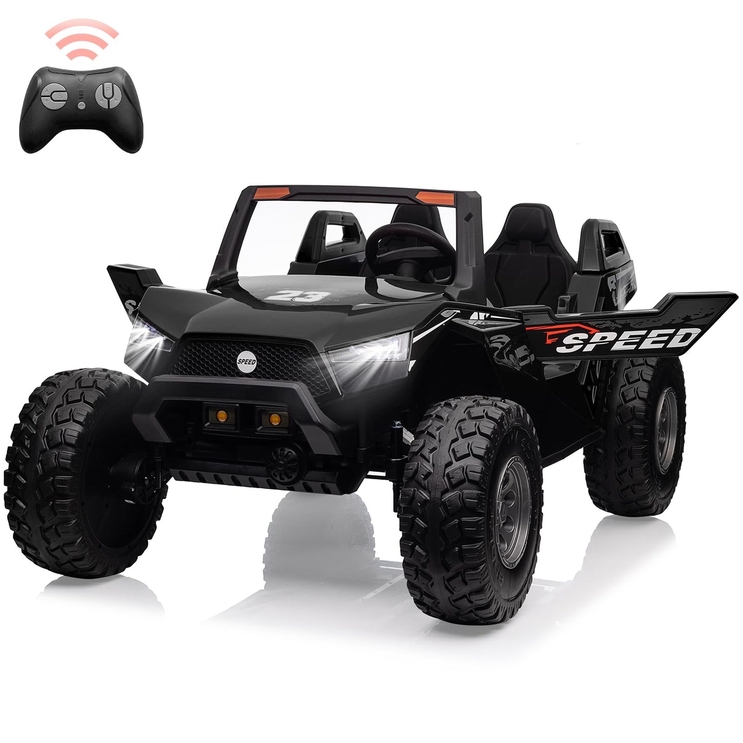 Garvee Ride - P Series: 24V 2-Seater Ride-On UTV: Remote Control, 4WD Motors, 21" Seats + Foldable Seat, 15.4" EVA Wheels, Music, LED Lights, 140lb Max Load - Black