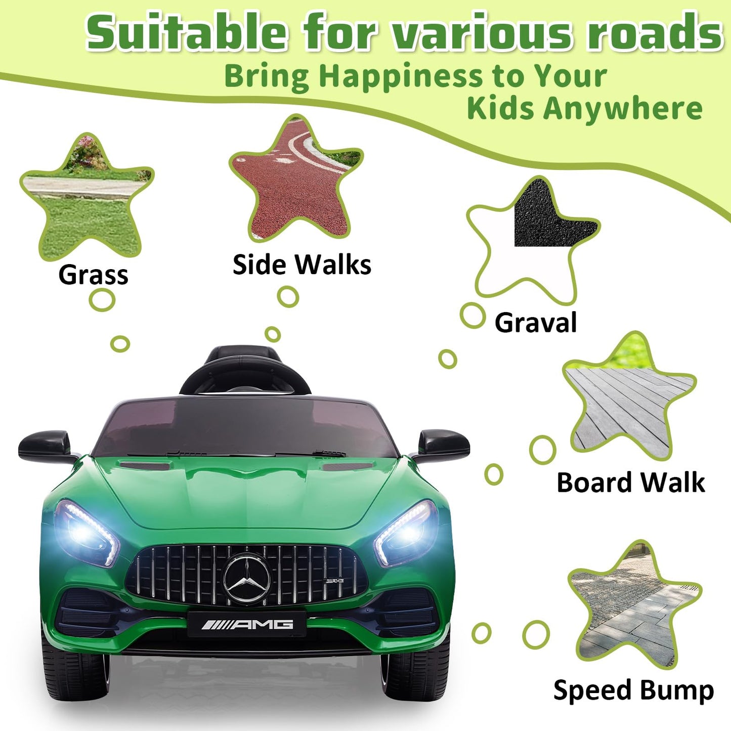 Garvee Ride Car for Kids, 12V Power Battery Electric Vehicles for 3-7 Toddlers, Licensed Mercedes-Benz with Remote Control, MP3 Player - Green