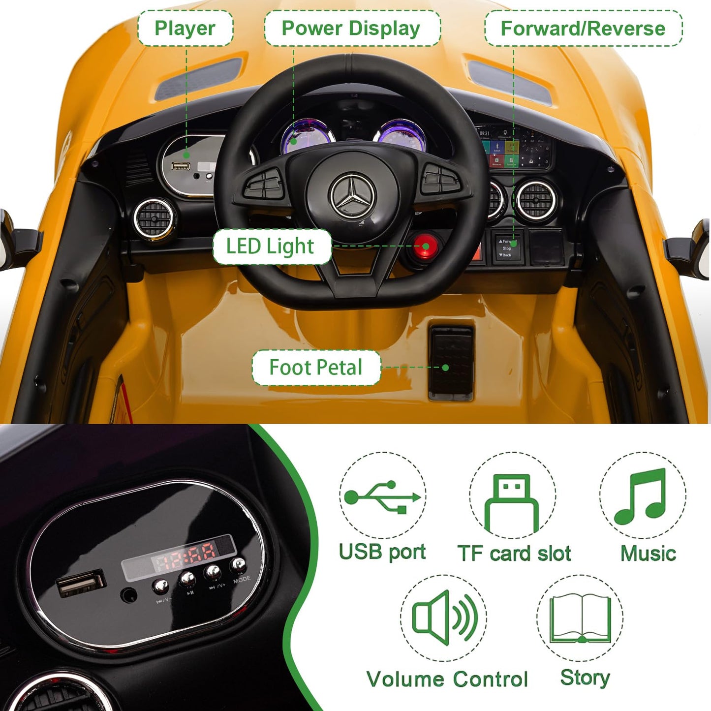 Garvee Ride Car for Kids, 12V Power Battery Electric Vehicles for 3-7 Toddlers, Licensed Mercedes-Benz with Remote Control, MP3 Player - Yellow