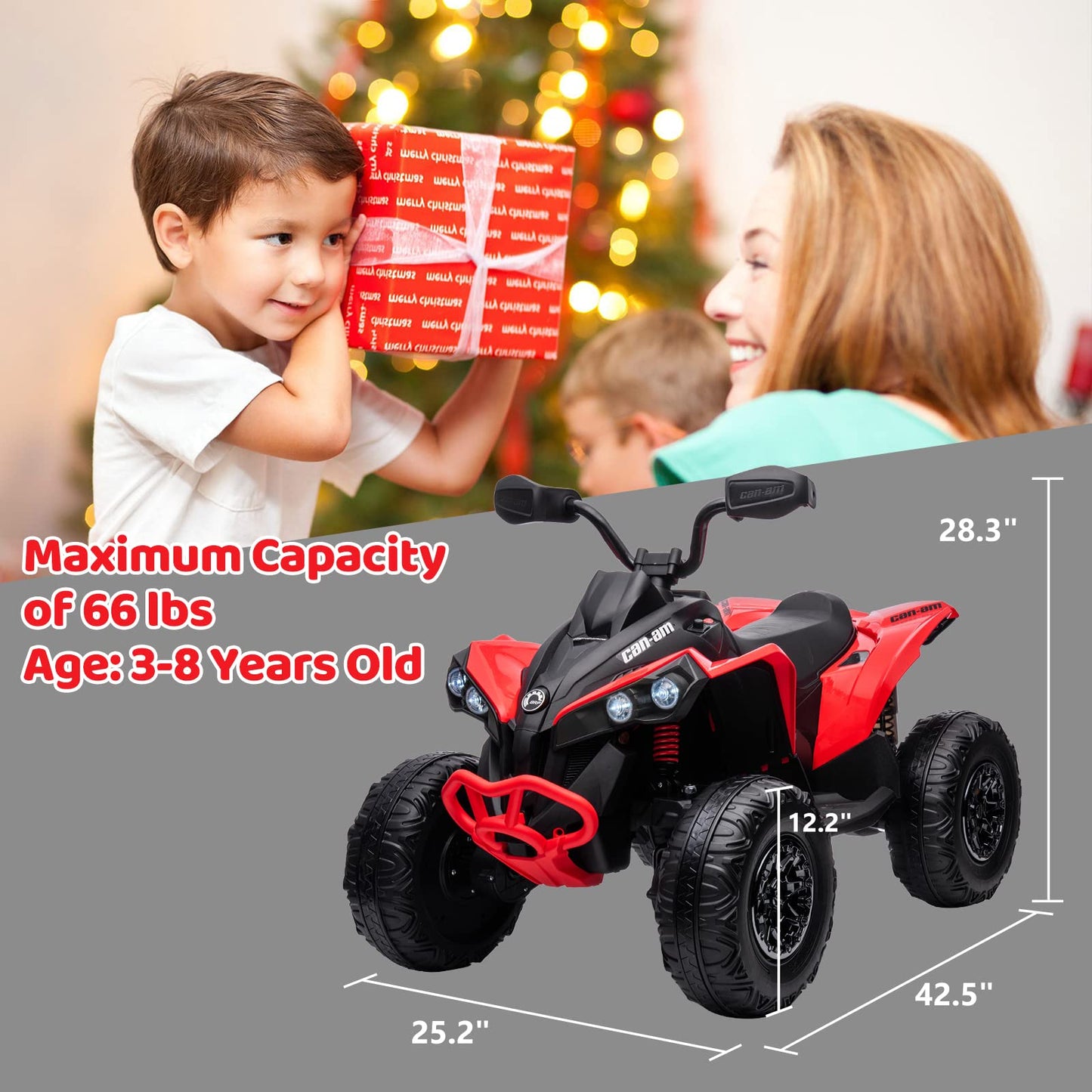 Garvee Ride - P Series: 12V Ride on Toy Car Bombardier Licensed BRP Can-am 4 Wheeler Quad Electric Vehicle, w/LED Lights, Spring Suspension, Bluetooth, Music, USB, Treaded Tires, White - Red