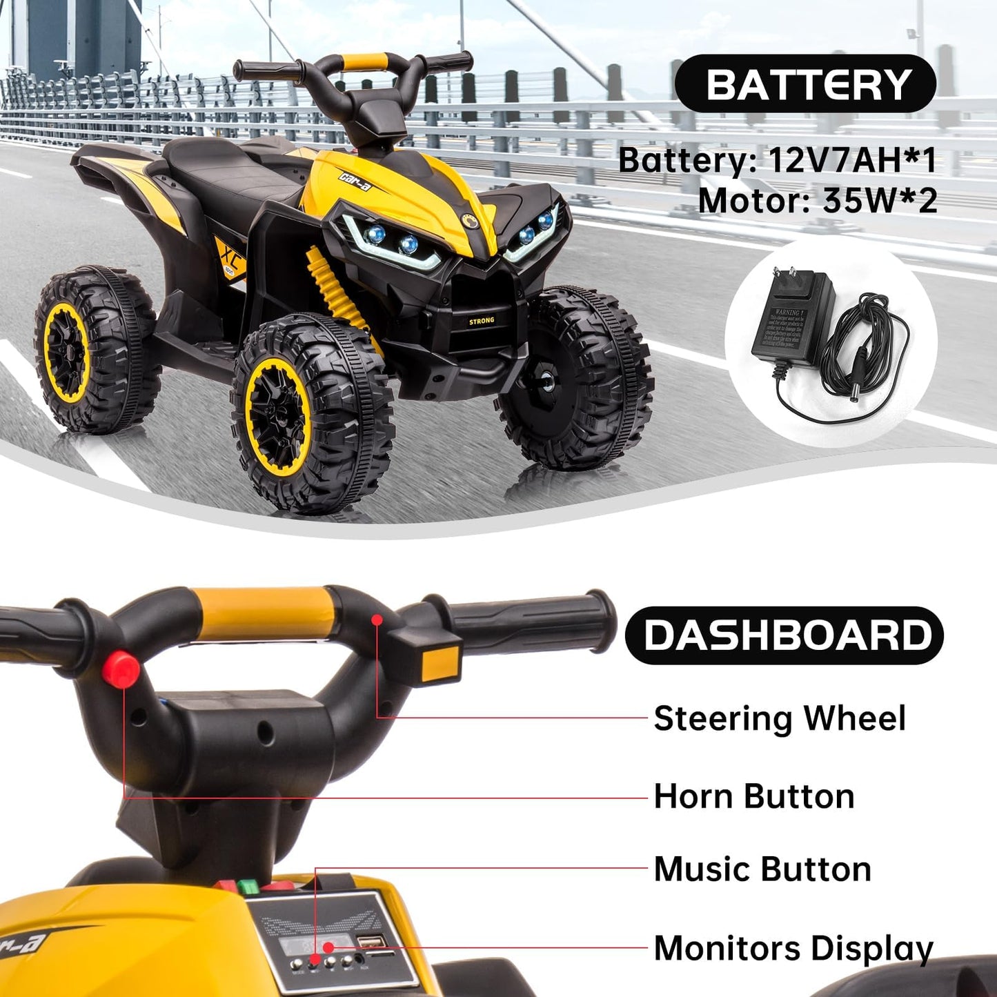 Garvee Ride - P Series: 12V Kids Quad ATV 4 Wheeler with Music, LED Lights for Boys & Girls - Yellow
