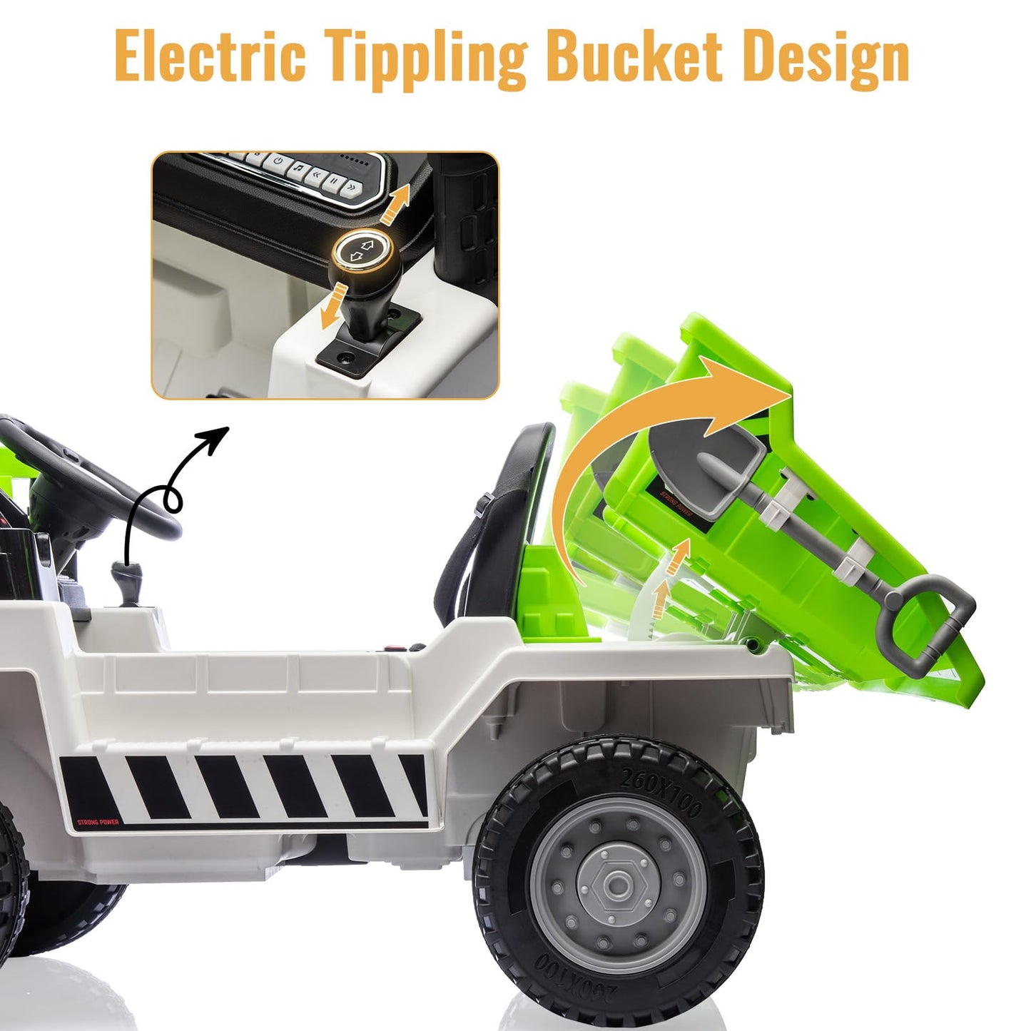 Garvee Ride - P Series: 12V Ride on Dump Truck with Remote Control, Electric Dump Bed, MP3 Player, USB Charger, All-Terrain Tires, Suitable for Indoor and Outdoor Play