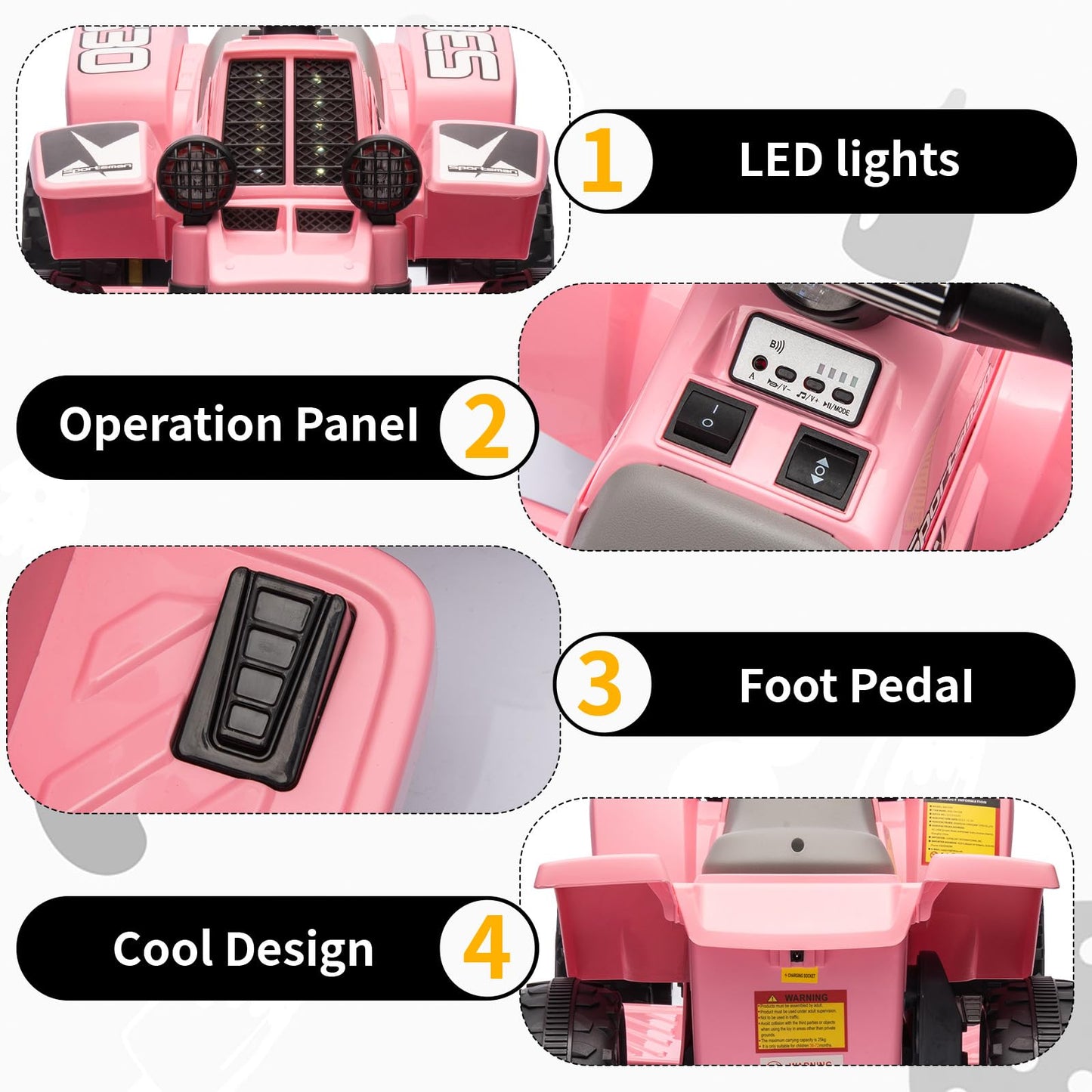 Garvee Ride - P Series: 6V Kids Ride On Electric Quad ATV, Ride Car with LED Headlights, Ride-On Toy for Toddlers 1-3 Boys & Girls with Music, Forward & Reverse - Pink