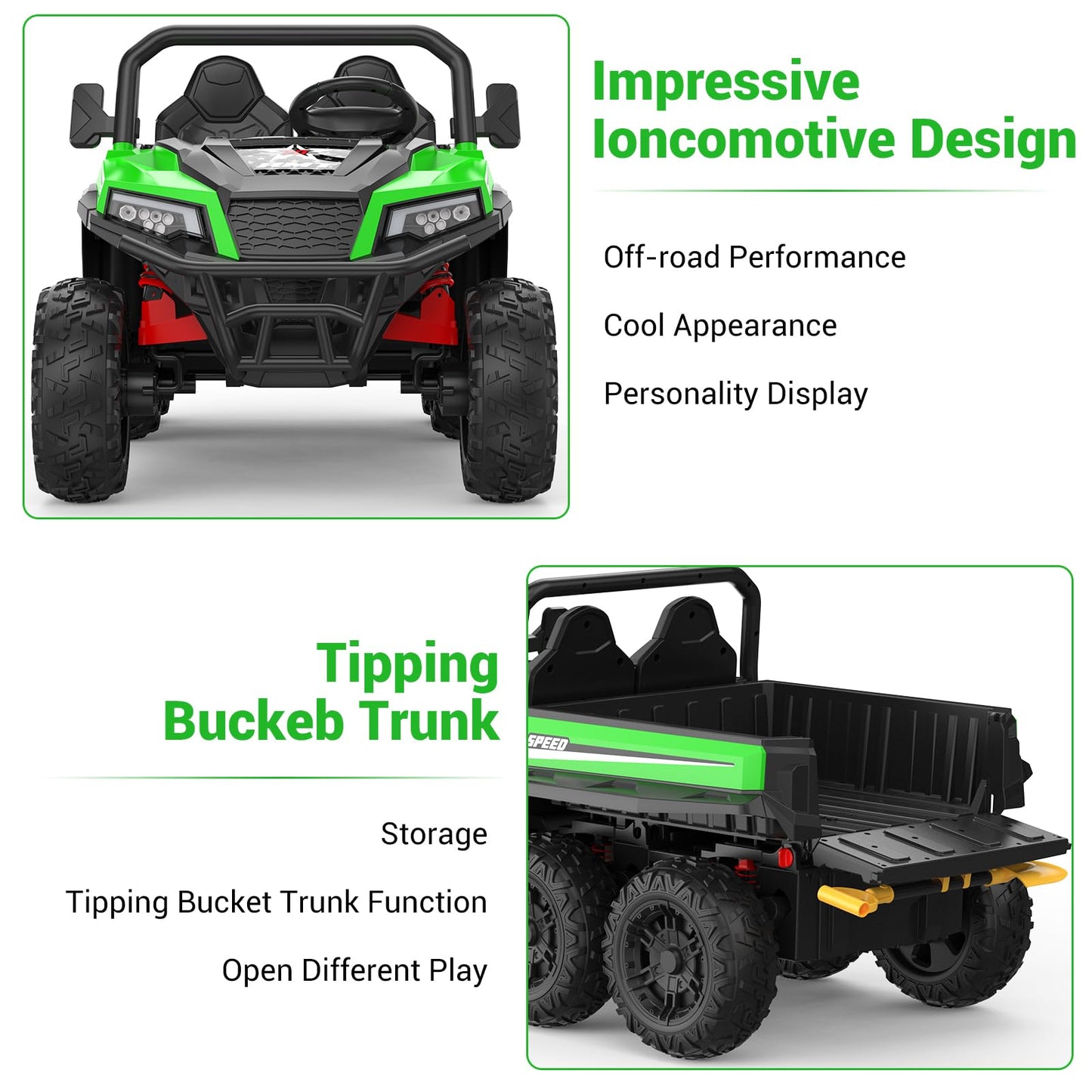 Garvee Ride - P Series: 24V 4WD Electric Ride On Dump Truck with Remote Control, 2-Seater, Music Player, LED Lights, Key Start Safety System, Durable Plastic, Off-Road Kids Toy for Ages 3+ - Green