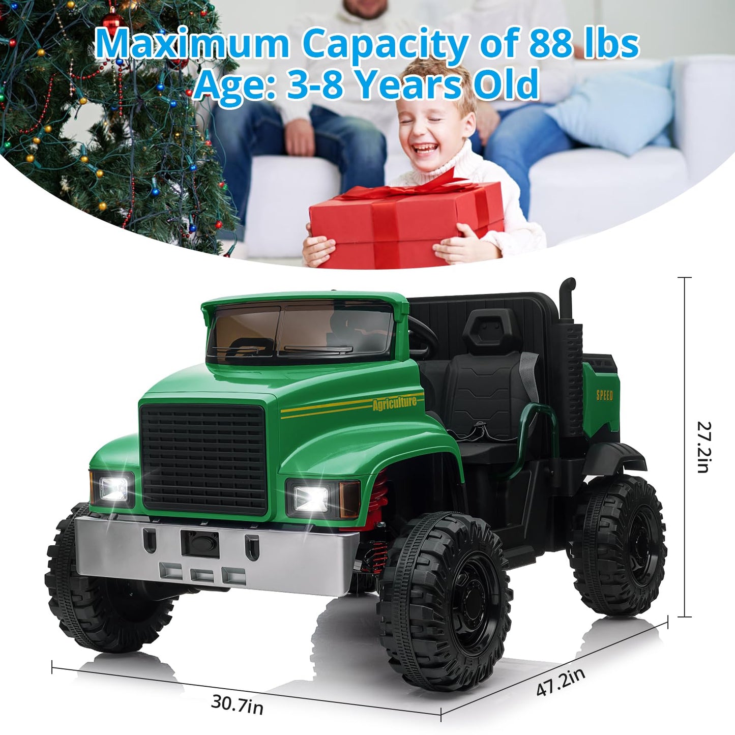Garvee Ride - P Series: 24V Ride On Truck with Remote Control Electric UTV Vehicles with Dump Bed, 4WD Power 4x200W Motors,4xSpring Suspension, 3 Speeds, 2 Seater Kids Ride On Toys Best Gifts for Kids - Green