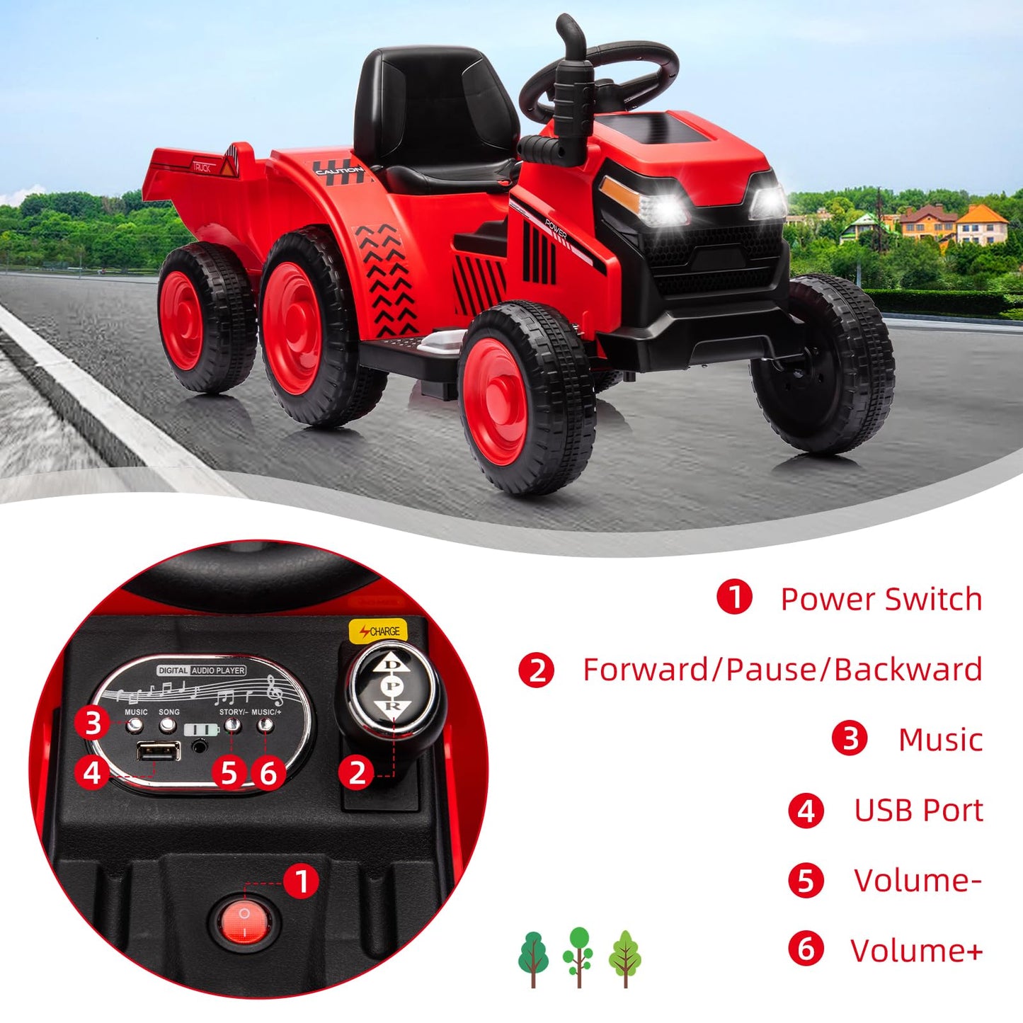 Garvee Ride - P Series: Kids Ride on Tractor with Trailer, Kids’ Electric Vehicles with Wear-Resistant Wheels, LED Headlights, Music & USB Port, Kids Ride on Car Toys for Toddlers Kids, Red