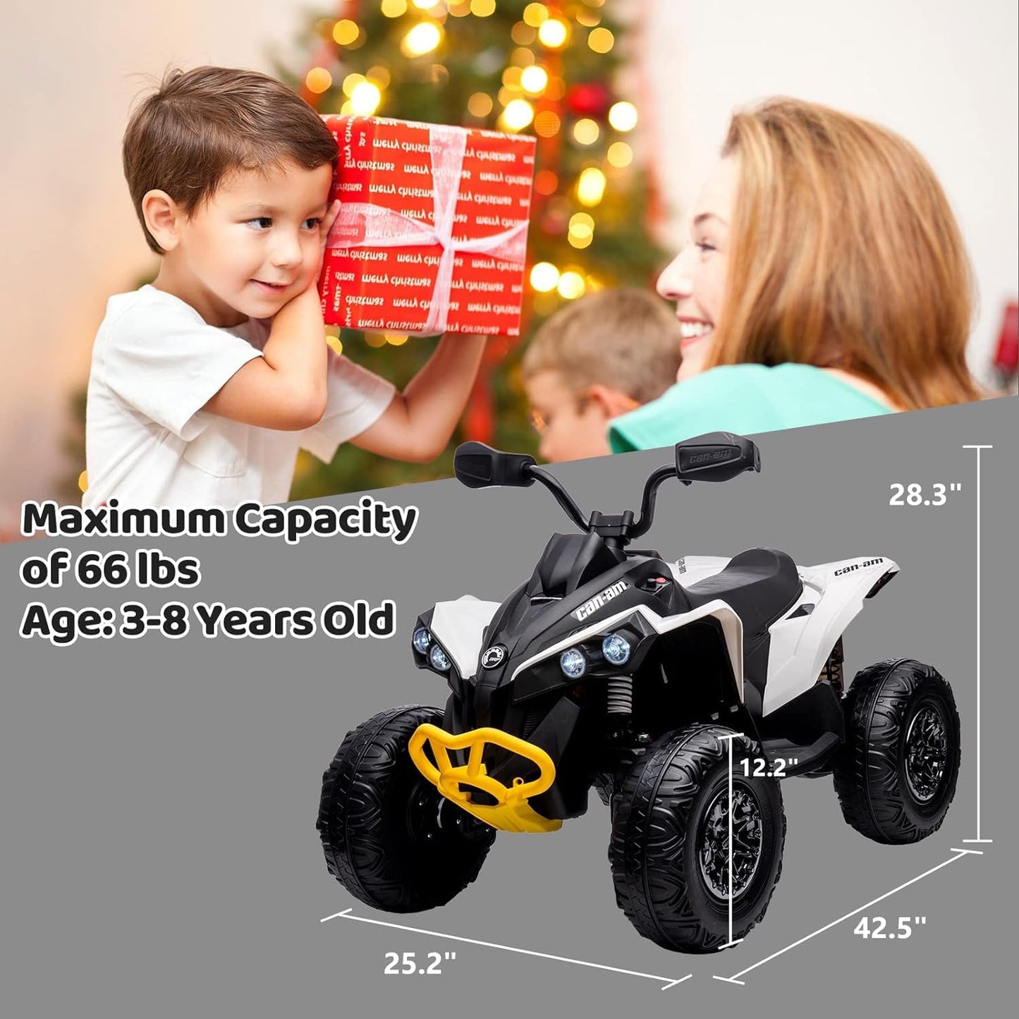 Garvee Ride - P Series: 12V Kids ATV: Can-Am Licensed, Dual Control, LED, Bluetooth, 5MPH, White