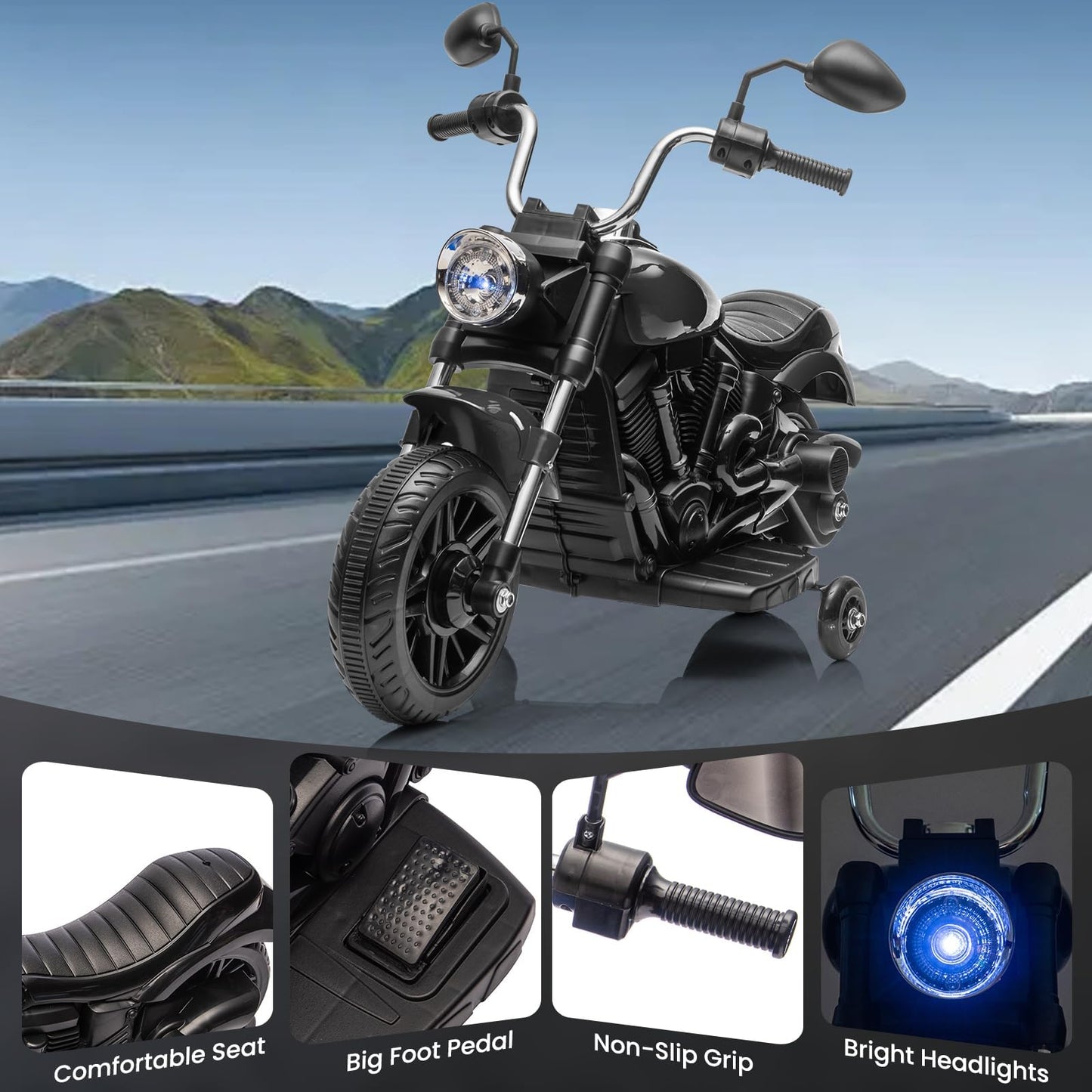 Garvee Ride - P Series: 12V Electric Motorcycle for Kids, 3-Wheel Ride-On Toy with Detachable Training Wheels, Black, Toddler Outdoor Fun