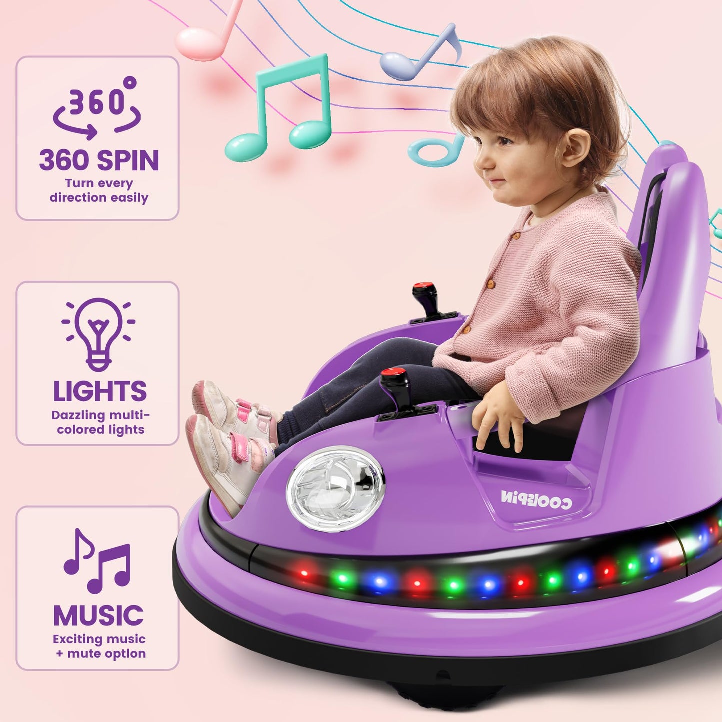 Garvee Ride - P Series: 12V Ride on Toddler Bumping Car W/Remote Control, LED Lights & 360 Degree Spin, ASTM Certified - Purple