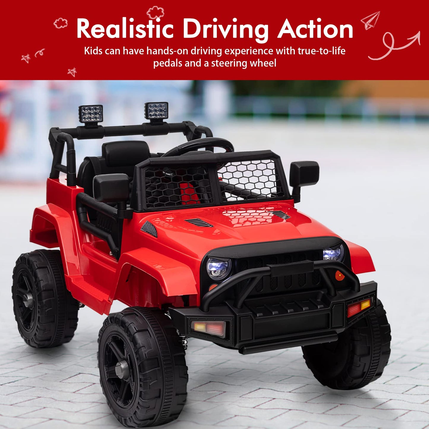 Garvee Ride - P Series: 12V Ride On Truck Car for kid : Remote Control, 3 Speeds, MP3 Music, Suspension, LED Lights,for 3+ Year Old - Red