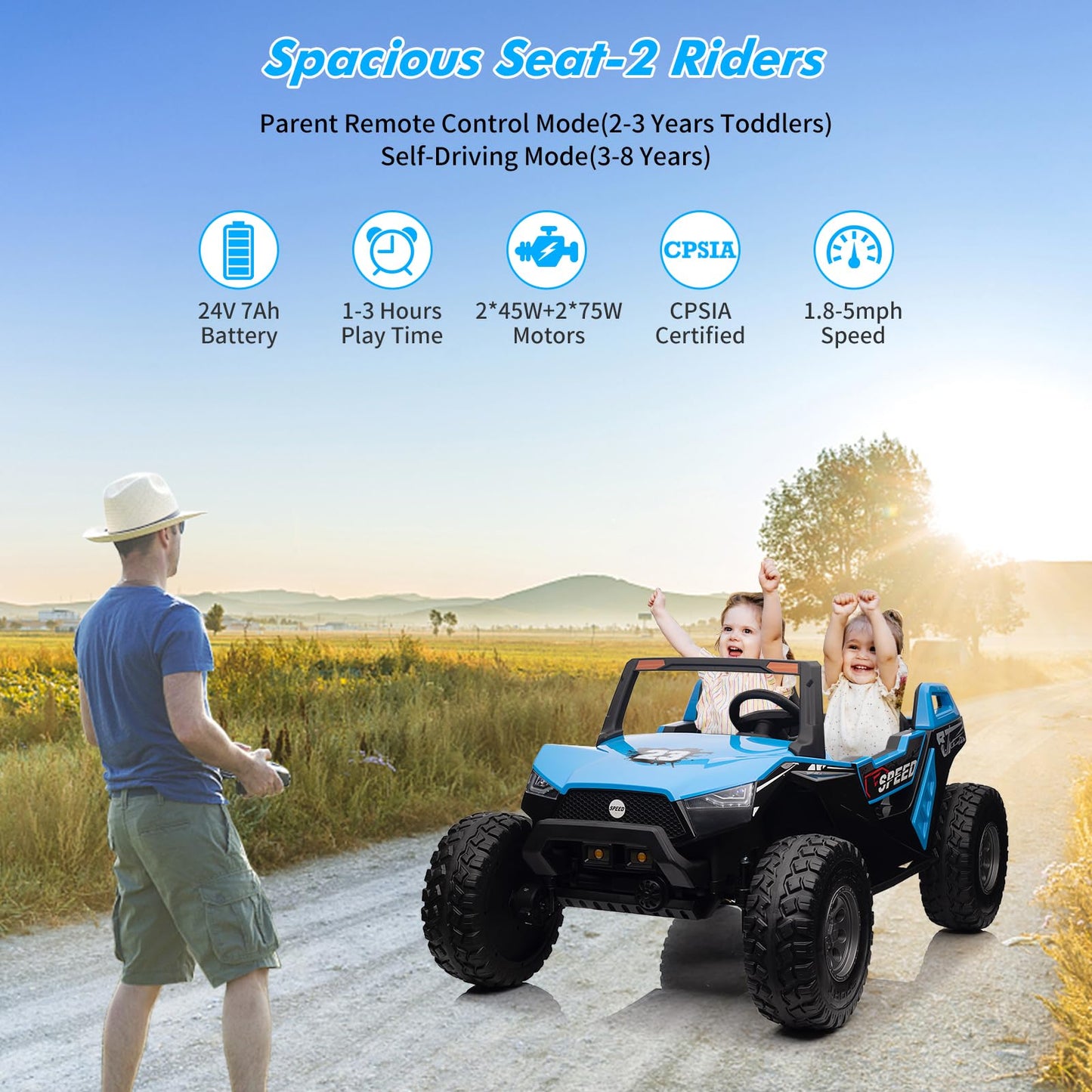 Garvee Ride - P Series: 24V 2-Seater Ride-On UTV: Remote Control, 4WD Motors, 21" Seats + Foldable Seat, 15.4" EVA Wheels, Music, LED Lights, 140lb Max Load - Blue