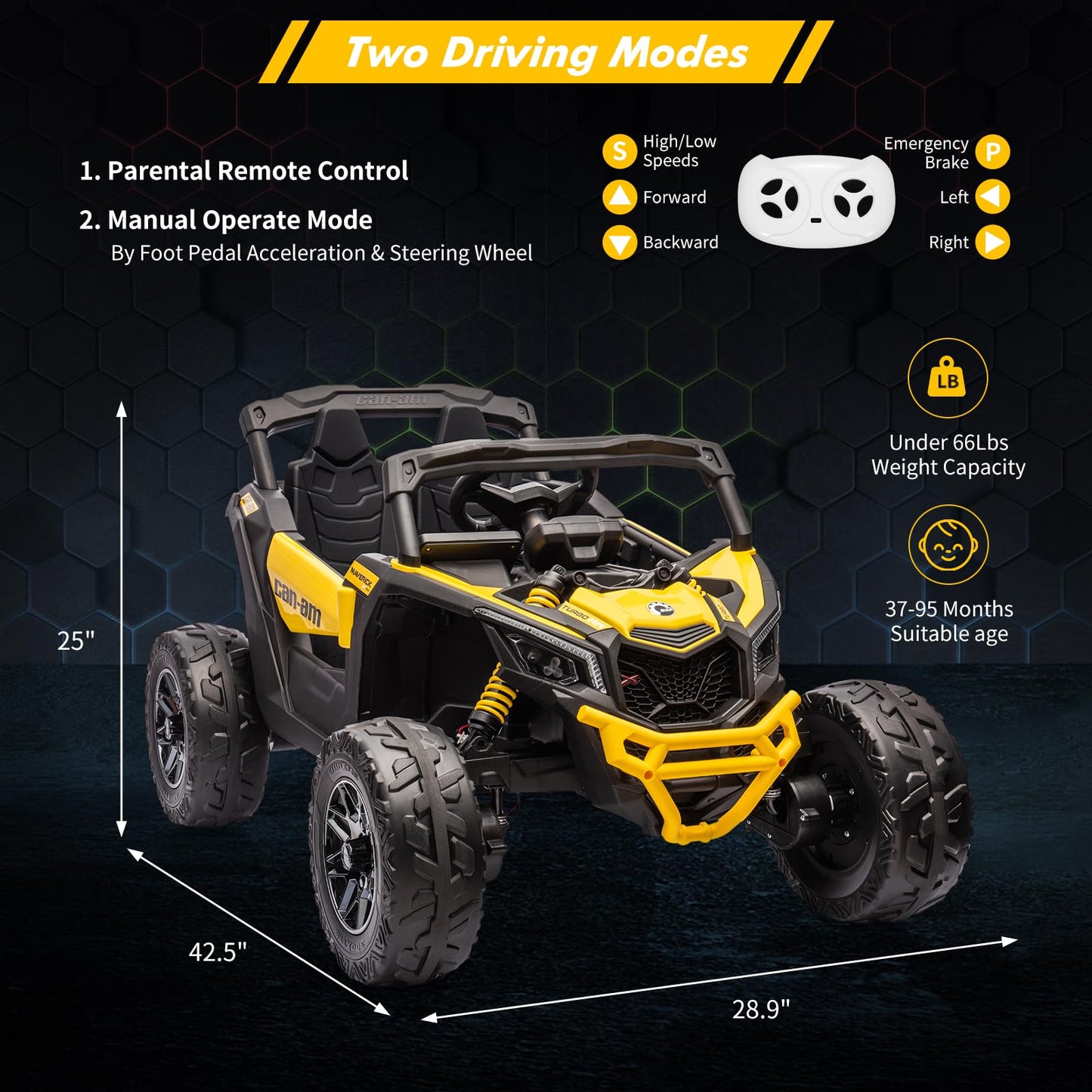 Garvee Ride - P Series: 12V Can-Am Ride-On UTV: Remote Control, Large Seat, Music, LED Lights, Spring Suspension, for Boys & Girls - Yellow