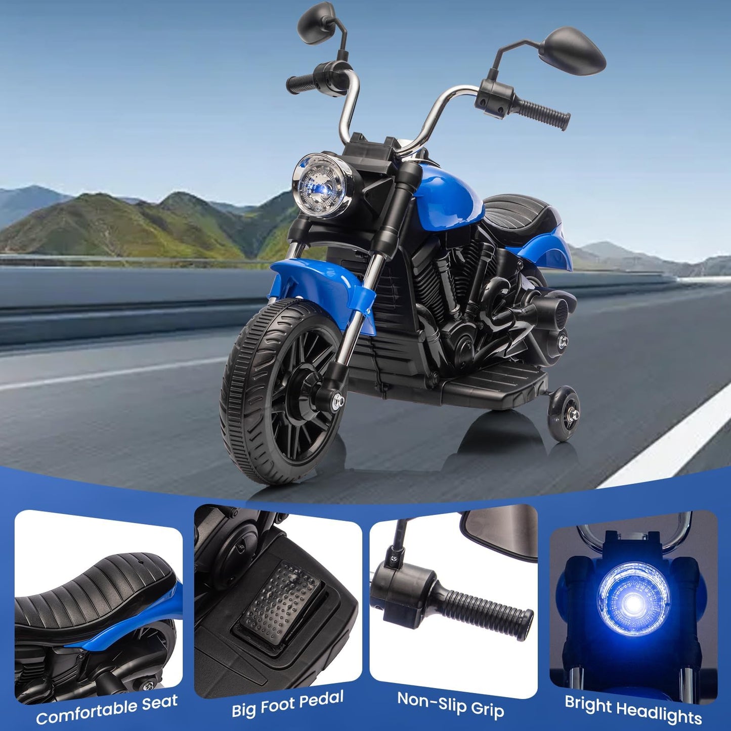 Garvee Ride - P Series: 12V Electric Motorcycle for Kids with Detachable Training Wheels, Soft Start, Reverse Function, Blue, Toddler Ride-On Toy