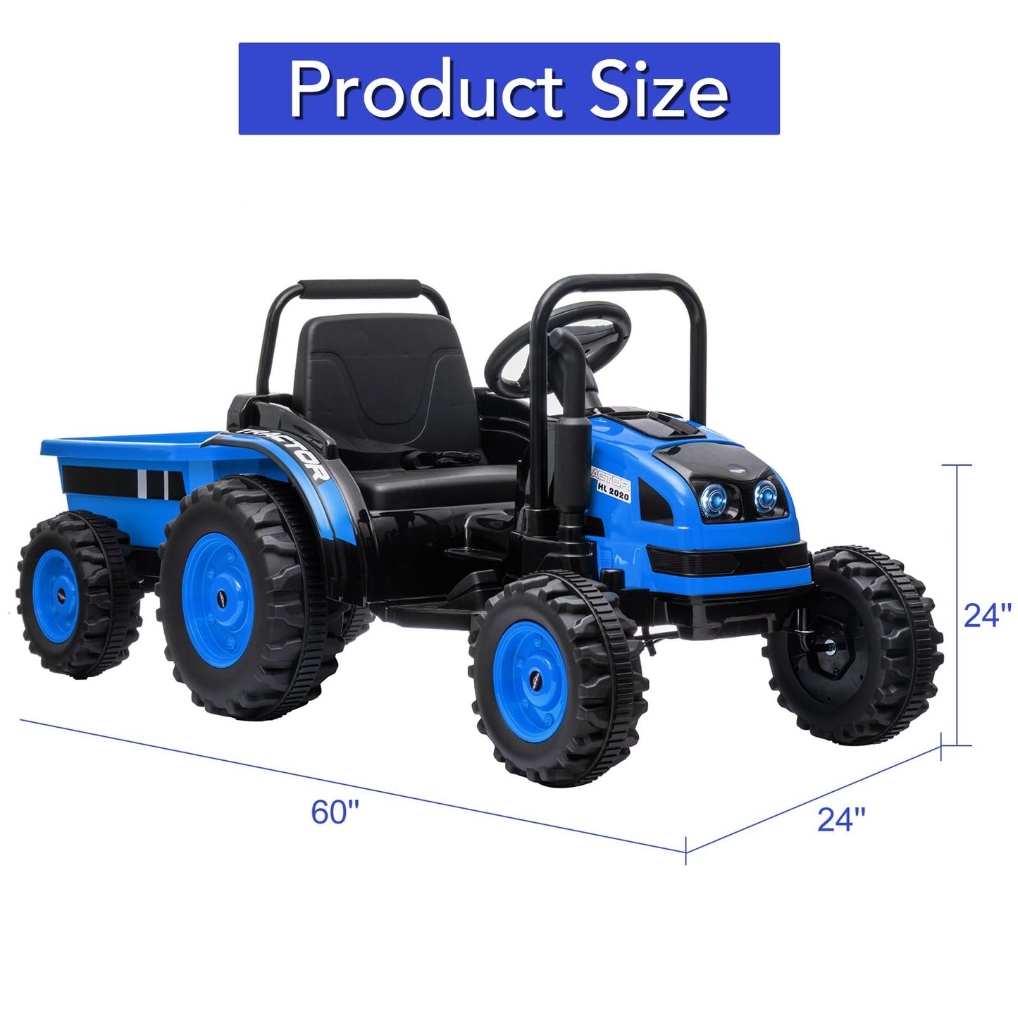 Garvee Ride - P Series: 12V Electric Ride-On Tractor for Kids with Trailer, Remote Control, Music, LED Lights, and Rear Wheel Suspension - Battery Powered Toy Vehicle - Blue
