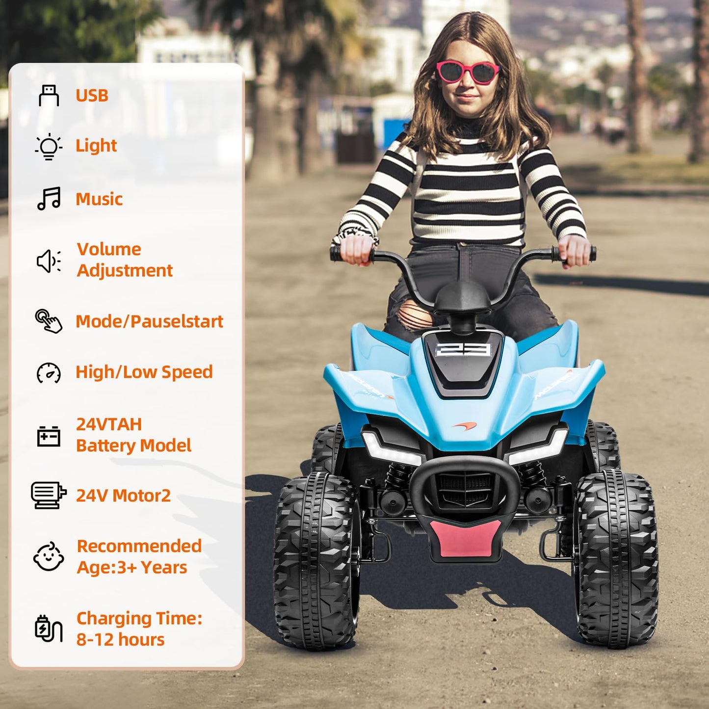 Garvee Ride - P Series: 24V Mc-Laren Ride On Car Kids ATV 3+ with LED and Music Mode - Blue