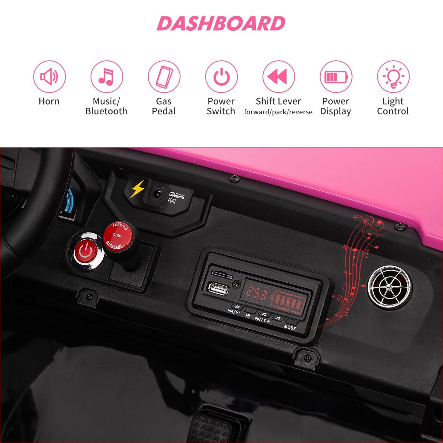 Garvee Ride - P Series: 24V 2-Seater Ride-On UTV: Remote Control, 4WD Motors, 21" Seats + Foldable Seat, 15.4" EVA Wheels, Music, LED Lights, 140lb Max Load - Pink
