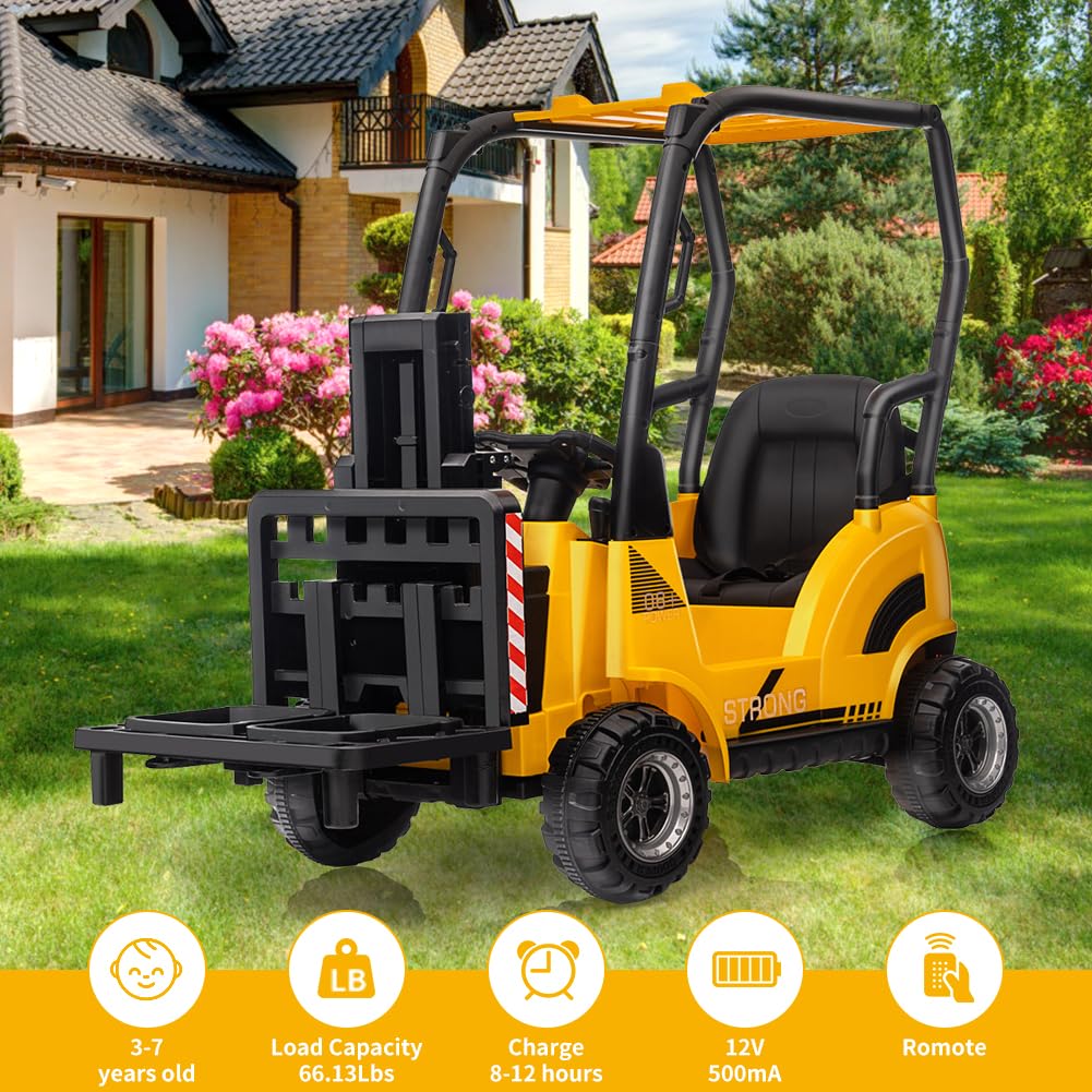 Garvee Ride - P Series: 12V Kids Forklift Ride-On: Indoor/Outdoor Fun, Realistic Design, Music, Speed Switch, 66lb Max Load, Remote Control, Ages 3-7 - Yellow