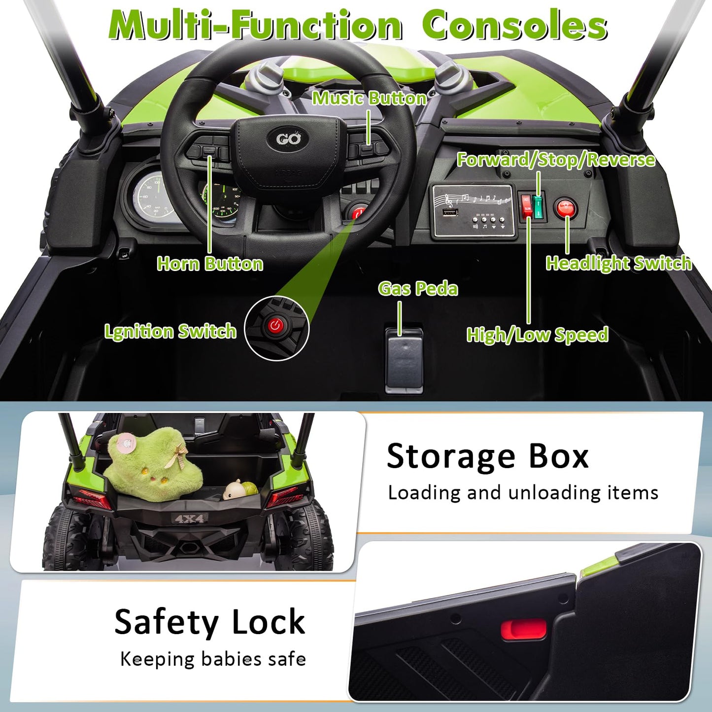 Garvee Ride - P Series: 24V Ride On Utv for Kids, 2 Seater Electric Truck With Sun Shade,4WD Electric Car Toy With Remote Control, Led Lights, 4 Shock Absorbersm,One Click Start, Music Player - Green