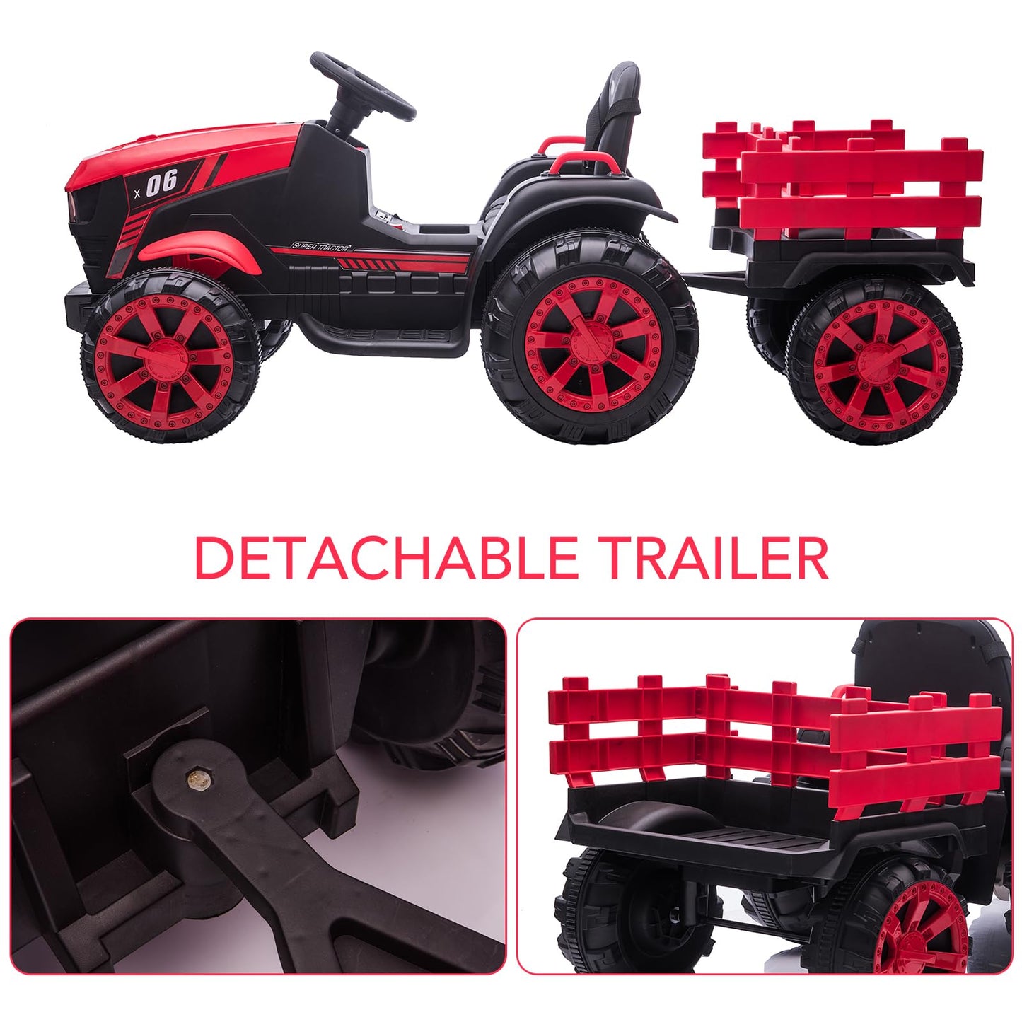 Garvee Ride - P Series: 12V Kids Ride On Tractor with Trailer, LED Lights for Boy Girl - Red