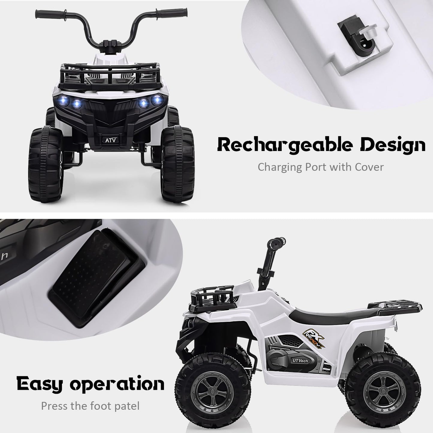 Garvee Ride - P Series: 12V Kids Ride On Electric Quad ATV, Ride Car Toy with Bluetooth Audio,High/Low Speed, LED Headlights, Battery Indicator & Radio Orange - White