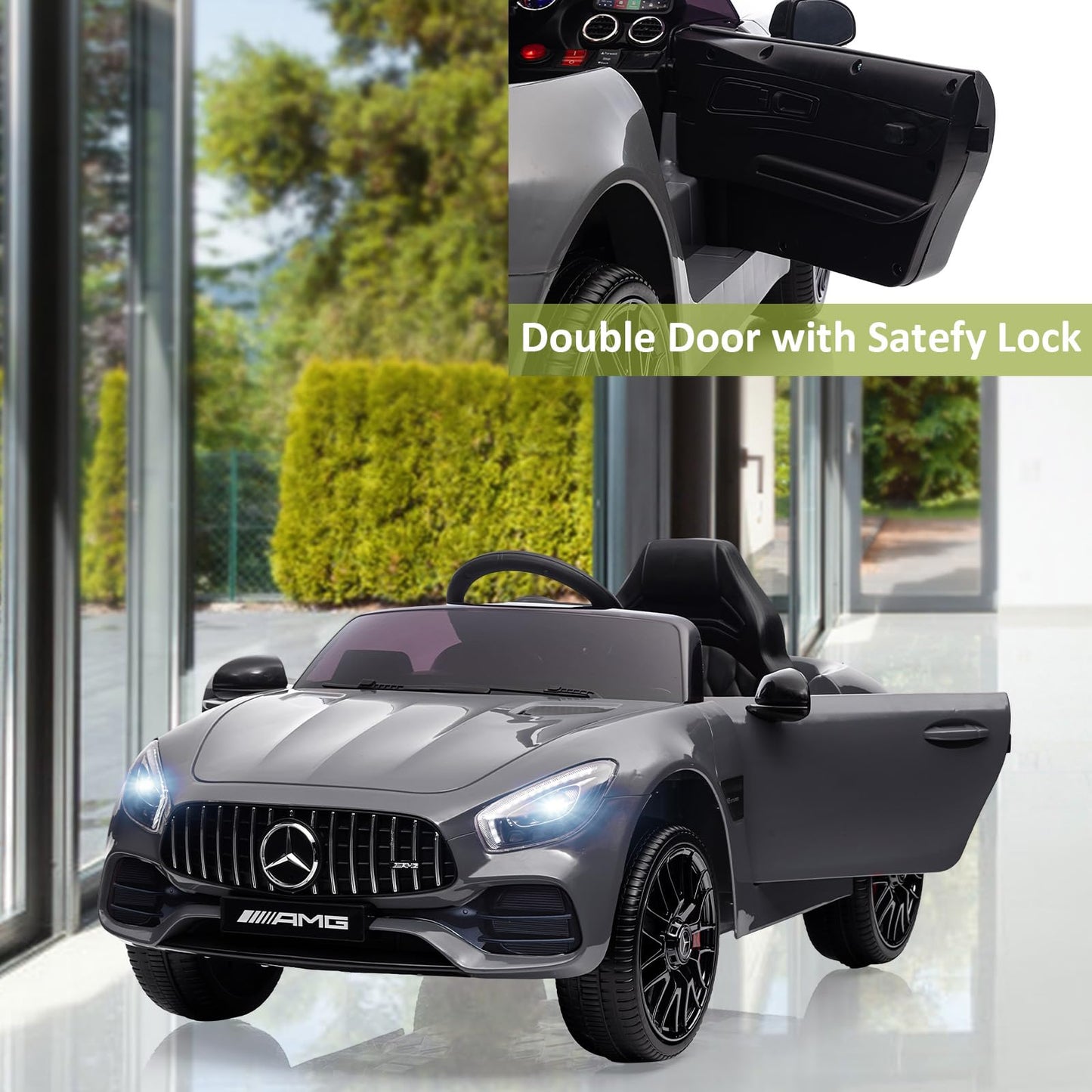 Garvee Ride Car for Kids, 12V Power Battery Electric Vehicles for 3-7 Toddlers, Licensed Mercedes-Benz with Remote Control, MP3 Player - Grey