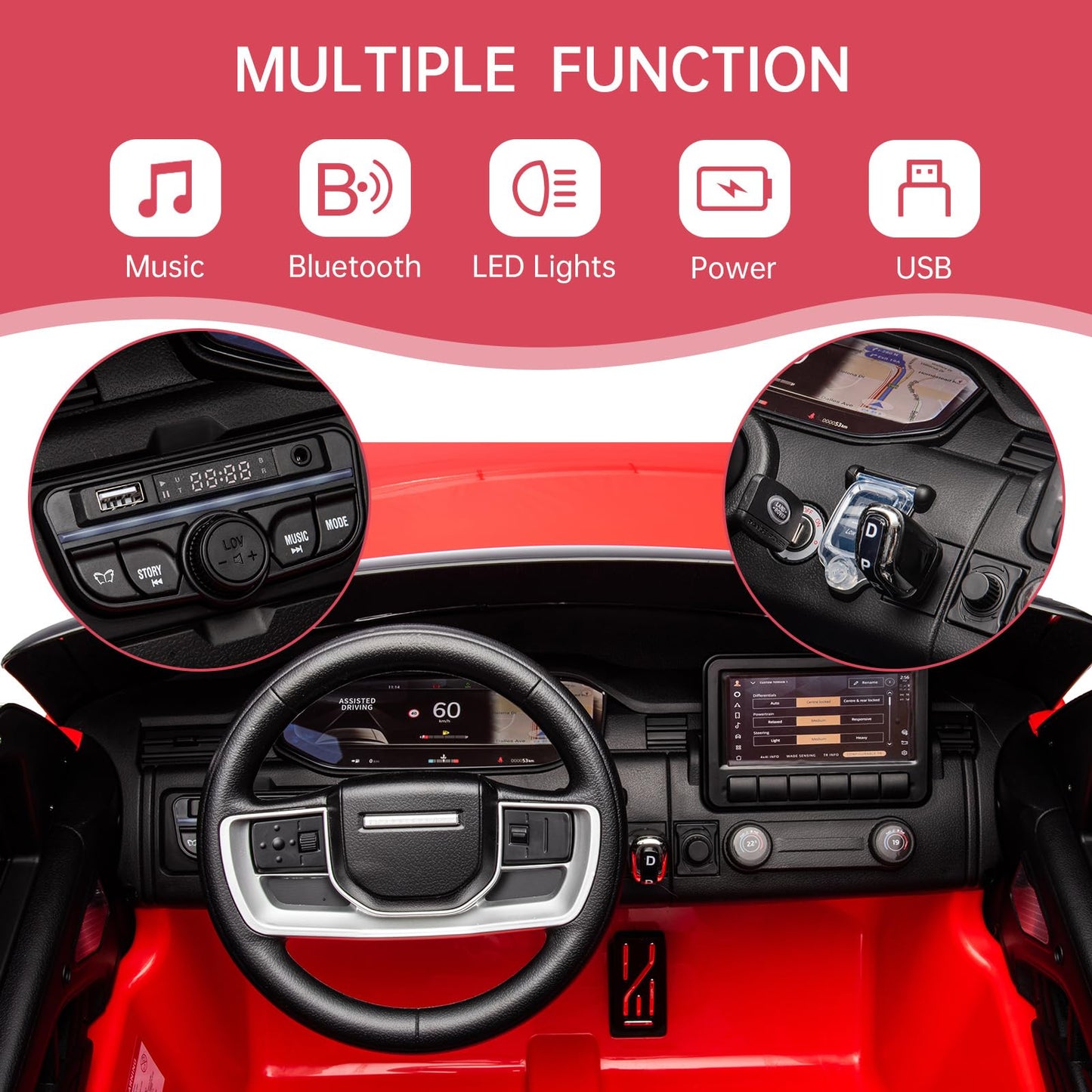 Garvee Ride - P Series: 24V 2-Seater Land Rover Ride-On Car For age 3+, With MP3, 3 Speeds, Remote Control, LED, 4-Wheel Suspension - Red