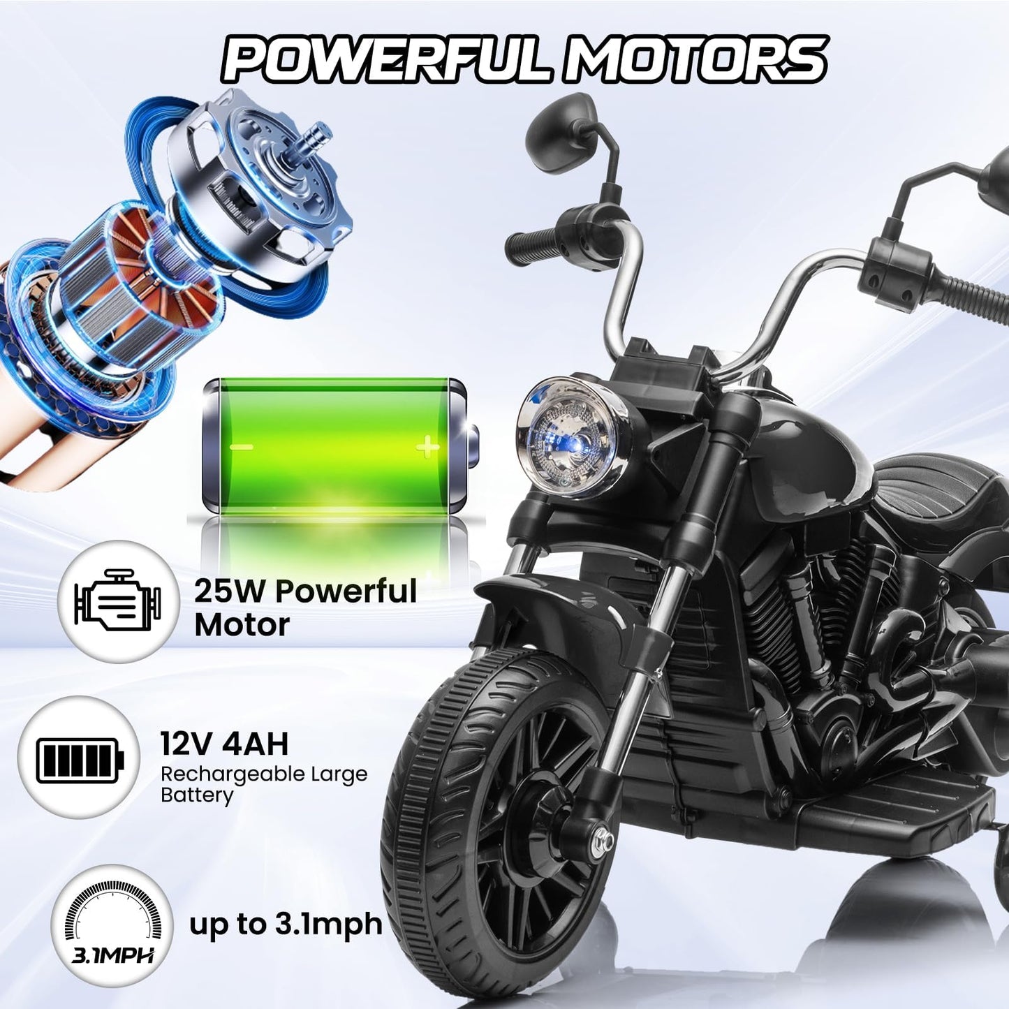 Garvee Ride - P Series: 12V Electric Motorcycle for Kids, 3-Wheel Ride-On Toy with Detachable Training Wheels, Black, Toddler Outdoor Fun