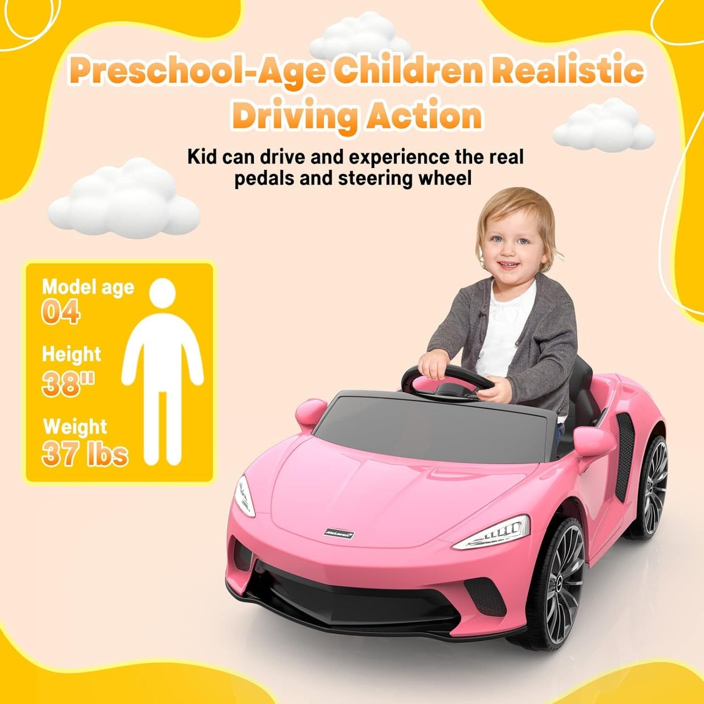 Garvee Ride - P Series: 12V Kids Ride on Car, Licensed Mclaren Battery Powered Electric Car with Remote Control, 3 Speeds, Bluetooth Music, Horn, LED Lights, 4-Wheel Ride on Toys - Pink