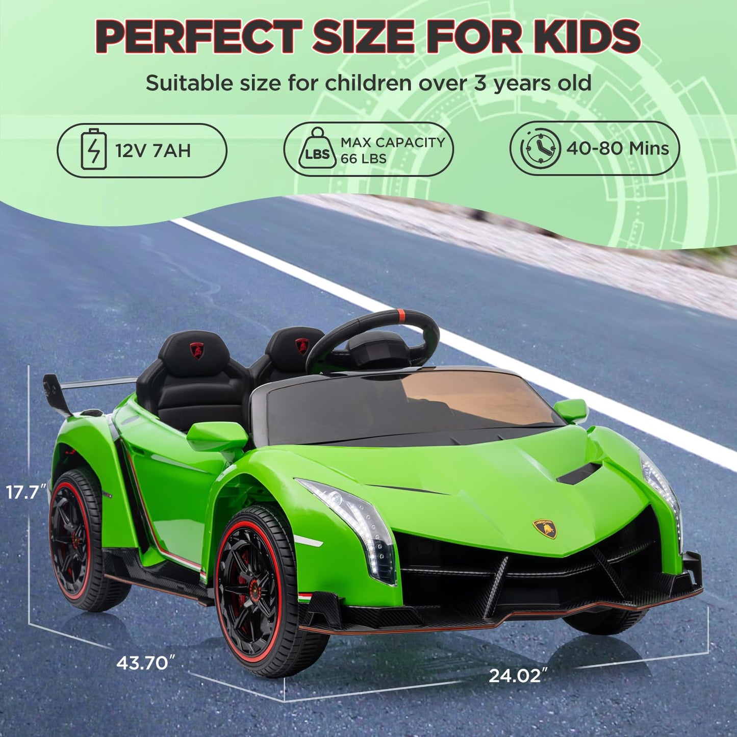 Garvee 12V Kids Ride On Car, Licensed Lamborghini Venono Electric Car w/Parent Remote Control, Scissor Door, 3 Speeds, LED Headlights, Rocking & Music, Battery Powered Ride on Toy for Boys Girls- Green