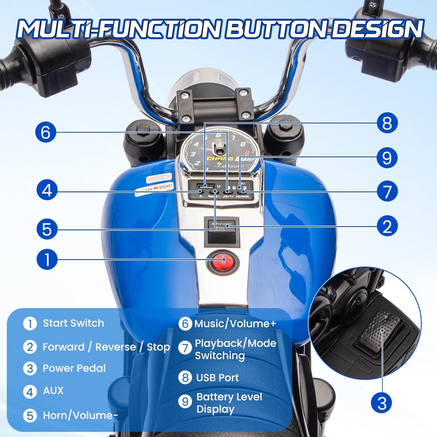 Garvee Ride - P Series: 12V Electric Motorcycle for Kids with Detachable Training Wheels, Soft Start, Reverse Function, Blue, Toddler Ride-On Toy