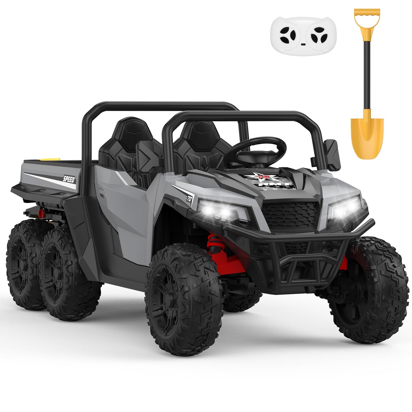 Garvee Ride - P Series: 24V 4WD Electric Ride On Dump Truck with Remote Control, 2-Seater, Music Player, LED Lights, Key Start Safety System, Durable Plastic, Off-Road Kids Toy for Ages 3+ - Grey