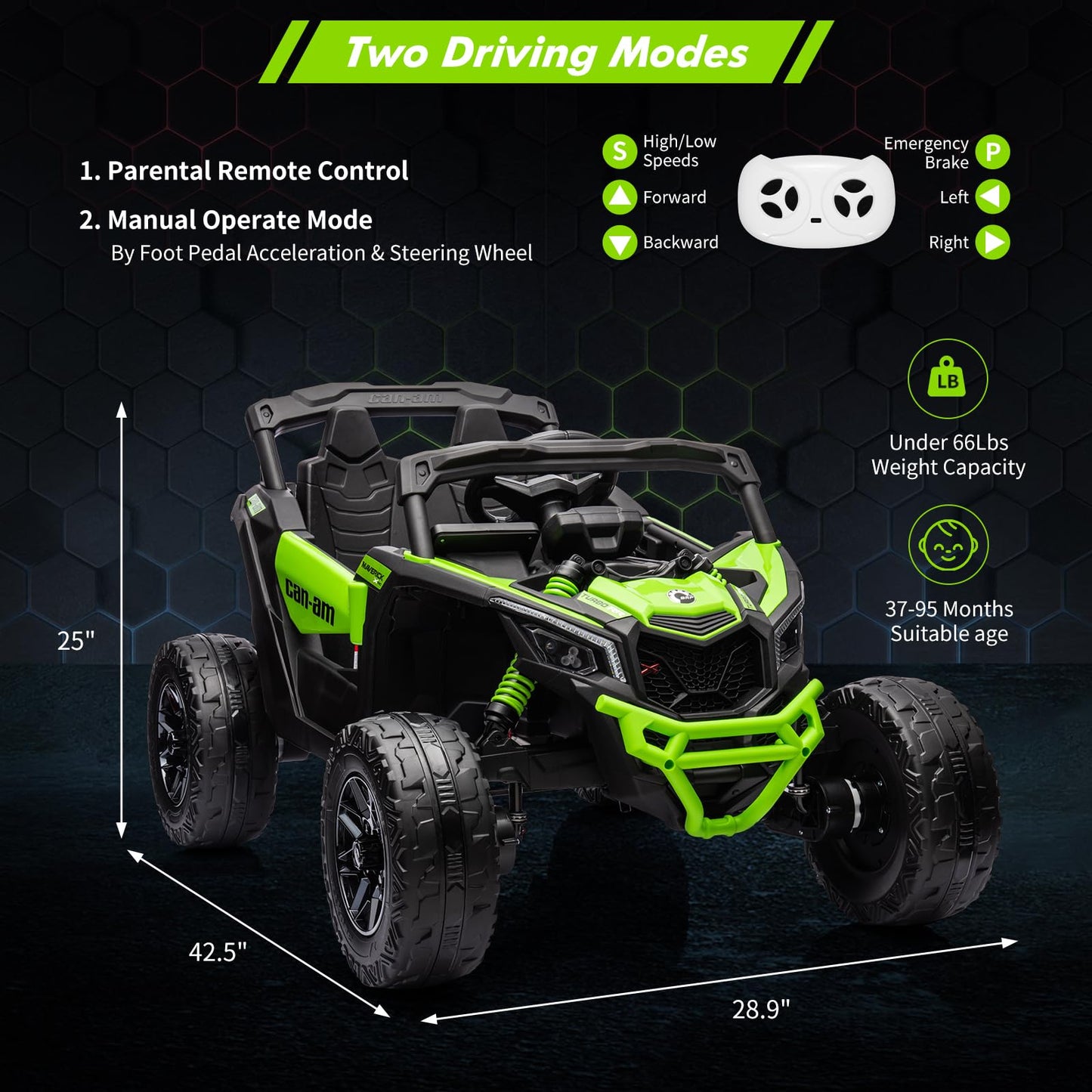 Garvee Ride - P Series: 12V Can-Am Ride-On UTV: Remote Control, Large Seat, Music, LED Lights, Spring Suspension, for Boys & Girls - Green