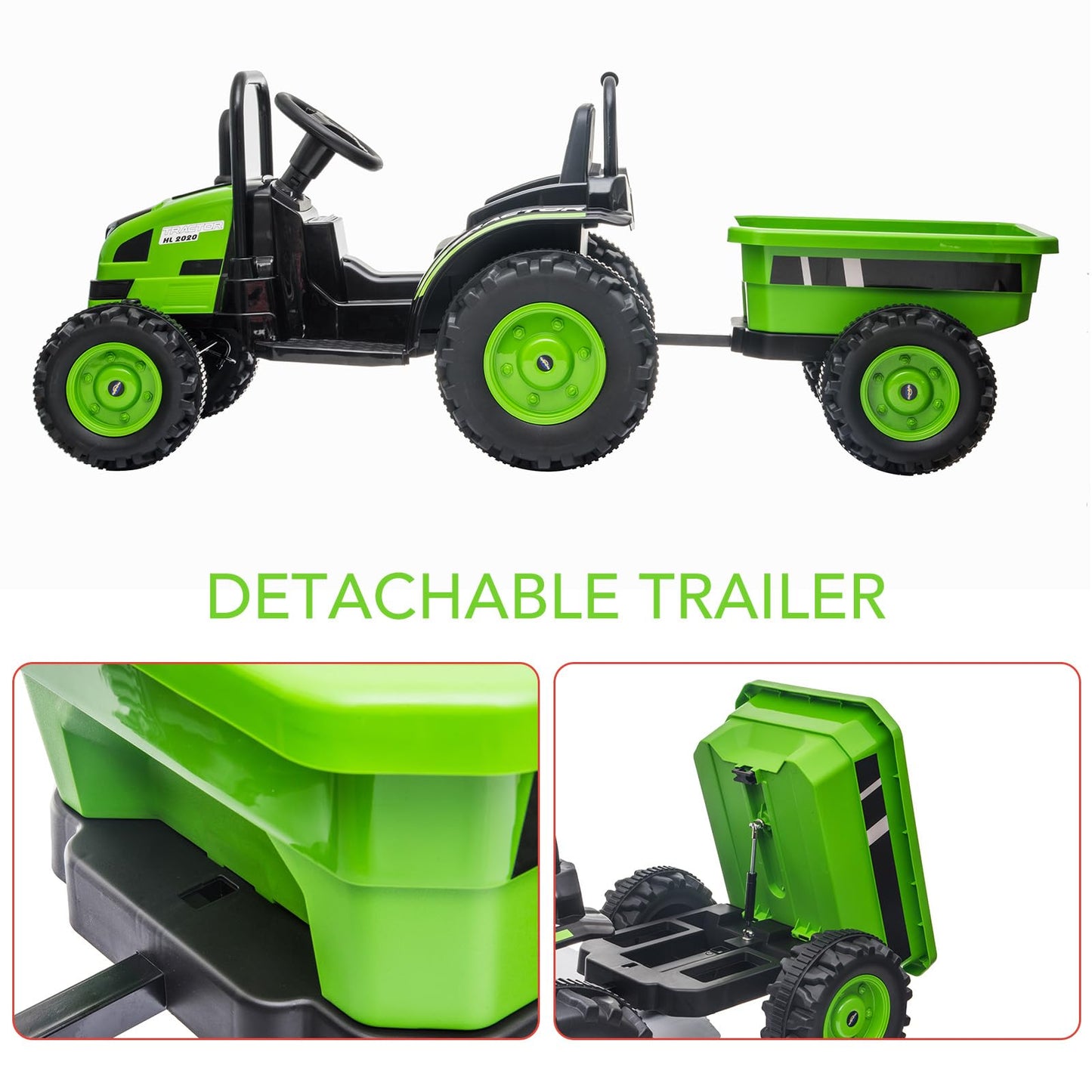 Garvee Ride - P Series: 12V Electric Ride-On Tractor for Kids with Trailer, Remote Control, Music, LED Lights, and Rear Wheel Suspension - Battery Powered Toy Vehicle - Green