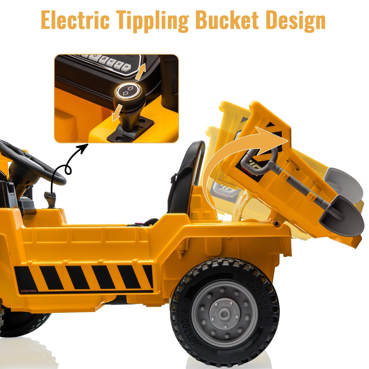 Garvee Ride - P Series: 12V with Electric Dump Bed, Remote Control, MP3, USB, Music Player, Yellow, Safe All-Terrain Tires