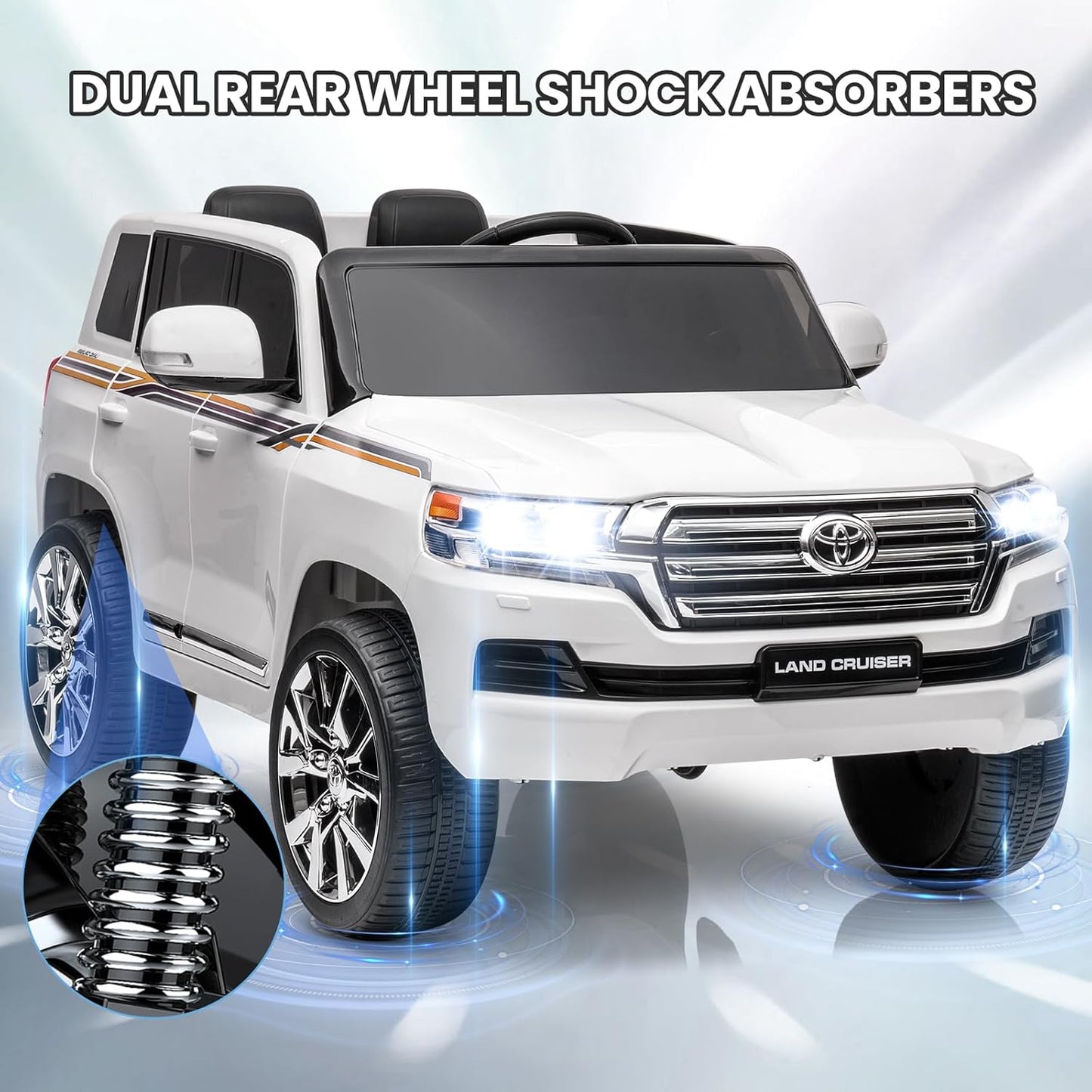 Garvee Ride - P Series: 12V Toyota Land Cruiser Kids' Car: Remote, LED, 3 Speeds, Dual 45W Motors, USB Music, Seat Belt, CPC & ASTM Approved - White