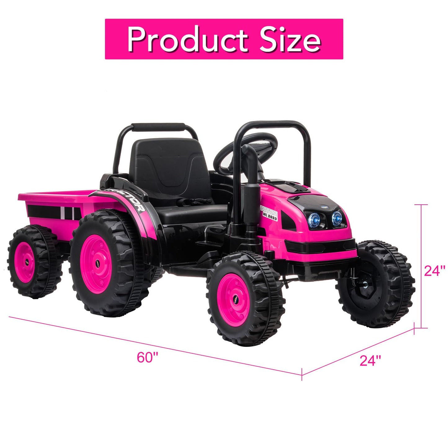 Garvee Ride - P Series: 12V Electric Ride-On Tractor for Kids with Trailer, Remote Control, Music, LED Lights, and Rear Wheel Suspension - Battery Powered Toy Vehicle - Pink