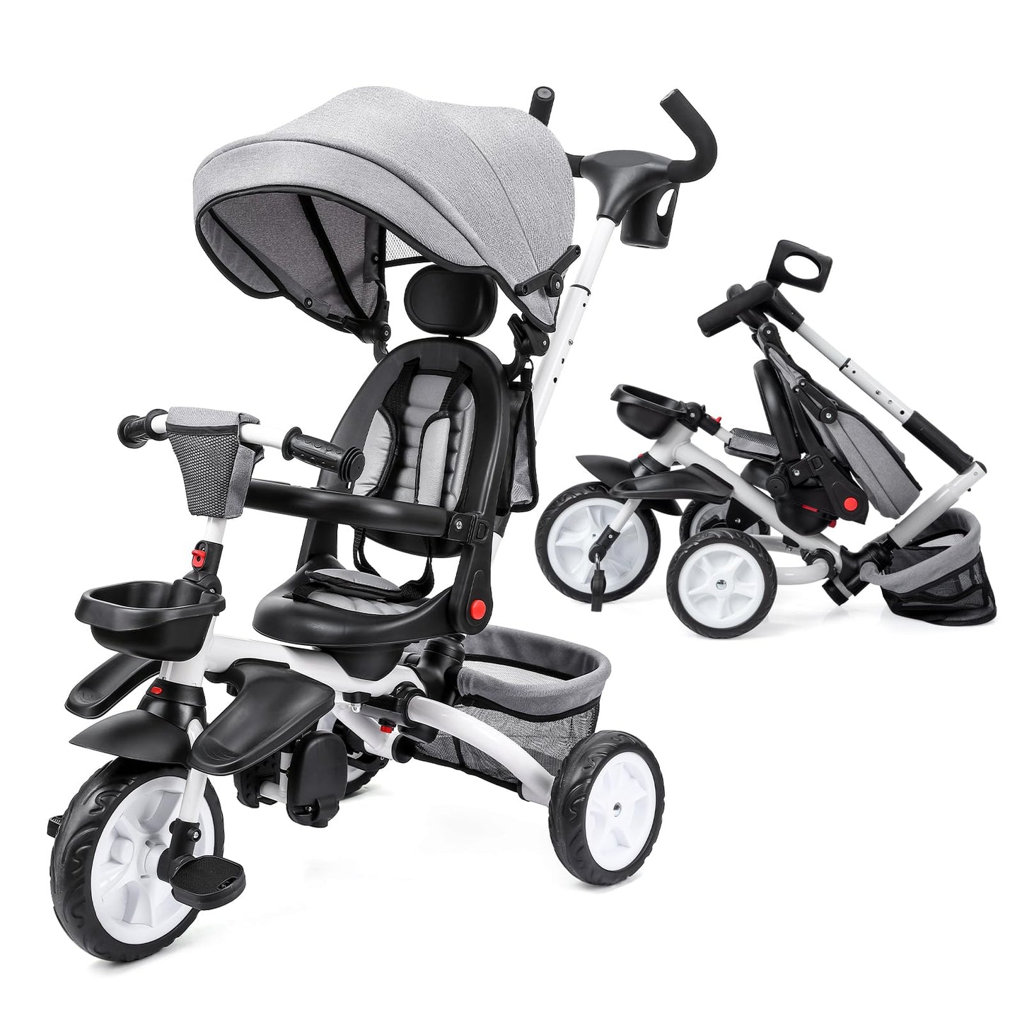 Garvee 7-in-1 Baby Tricycle, Folding Toddler Trike, Adjustable Push Handle, Rotatable Seat, Safety Harness, All-Terrain Wheels, For 1-5 Year Olds (Gray)