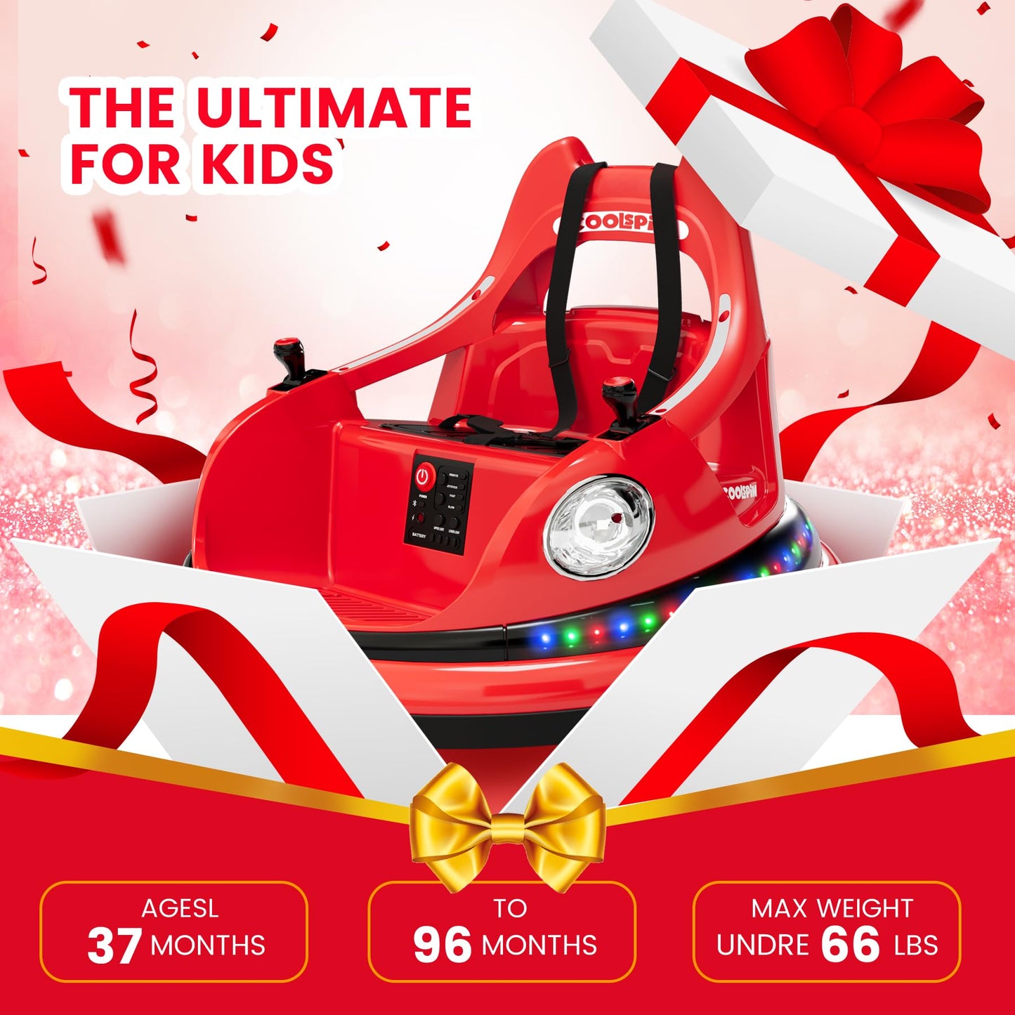 Garvee Ride - P Series: 12V Ride on Toddler Bumping Car W/Remote Control, LED Lights & 360 Degree Spin, ASTM Certified - Red