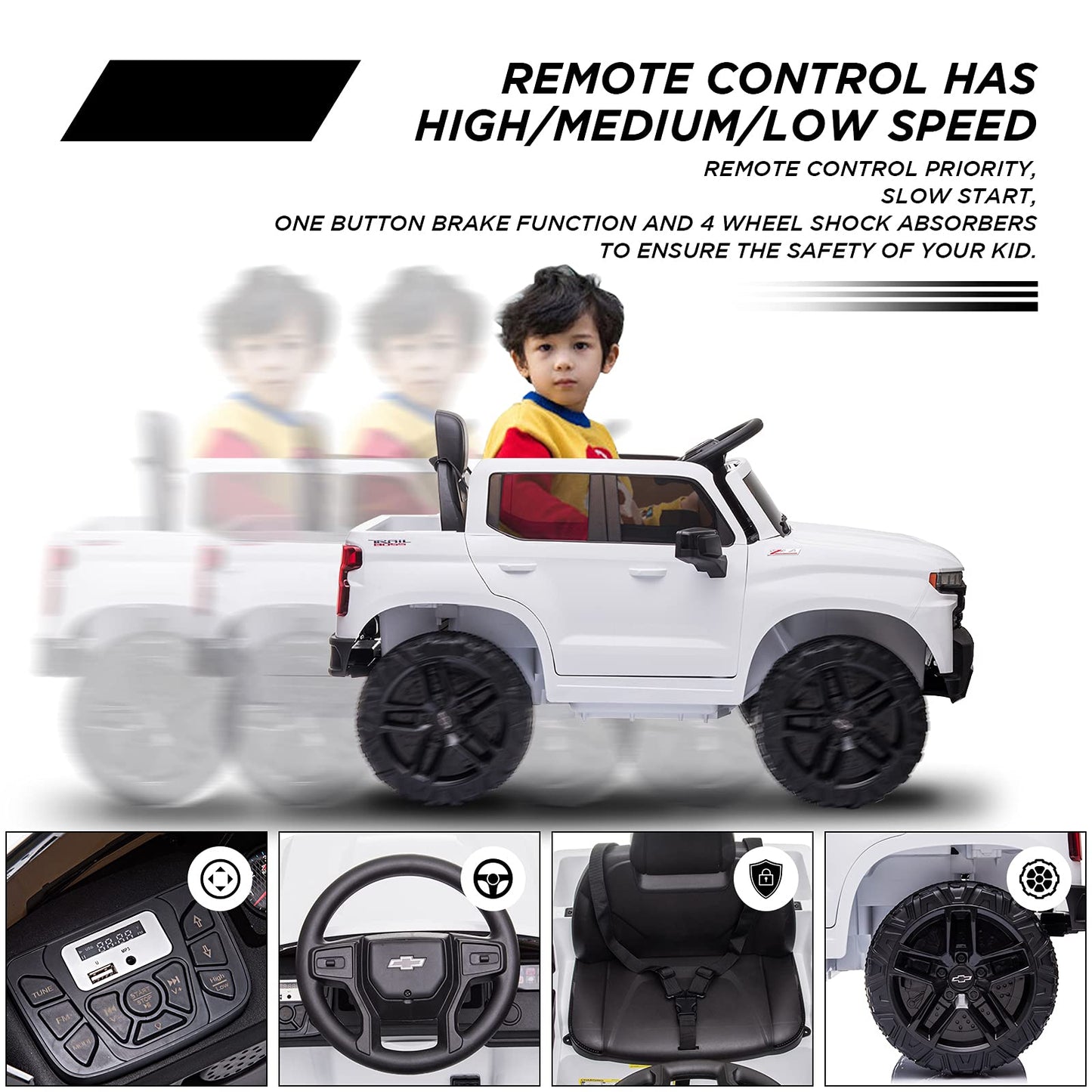 Garvee Ride - P Series: 12V Ride on Car with Remote Control, Battery Powered Licensed Chevrolet Silverado GMC Kids Ride On Truck, Toddler Electric Vehicles Toys,Music,FM,Bluetooth, Spring Suspension, LED Light - White