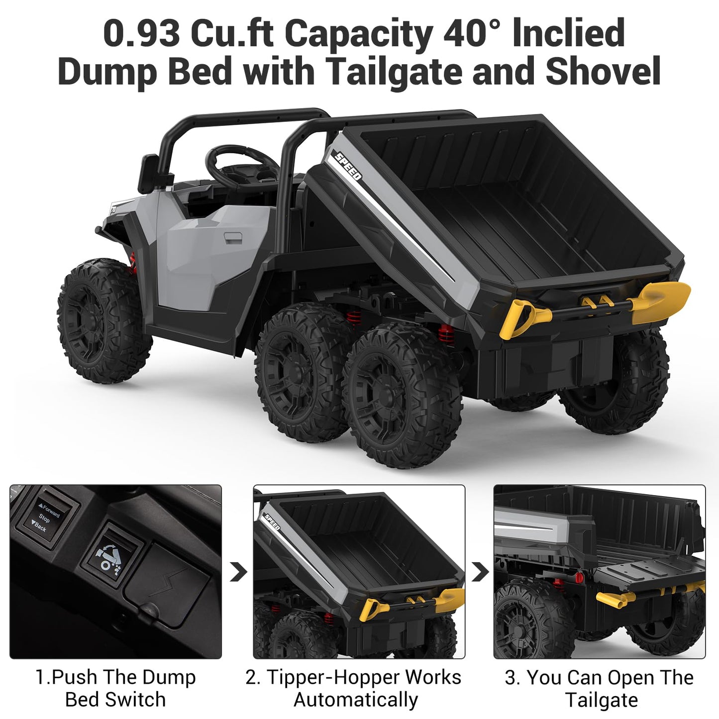Garvee Ride - P Series: 24V 4WD Electric Ride On Dump Truck with Remote Control, 2-Seater, Music Player, LED Lights, Key Start Safety System, Durable Plastic, Off-Road Kids Toy for Ages 3+ - Grey