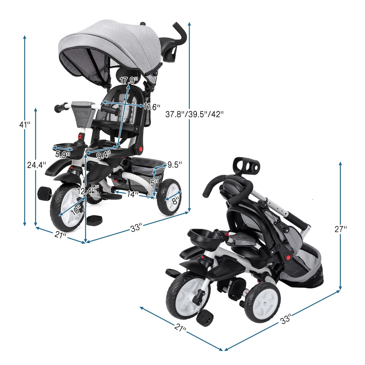 Garvee 7-in-1 Baby Tricycle, Folding Toddler Trike, Adjustable Push Handle, Rotatable Seat, Safety Harness, All-Terrain Wheels, For 1-5 Year Olds (Gray)