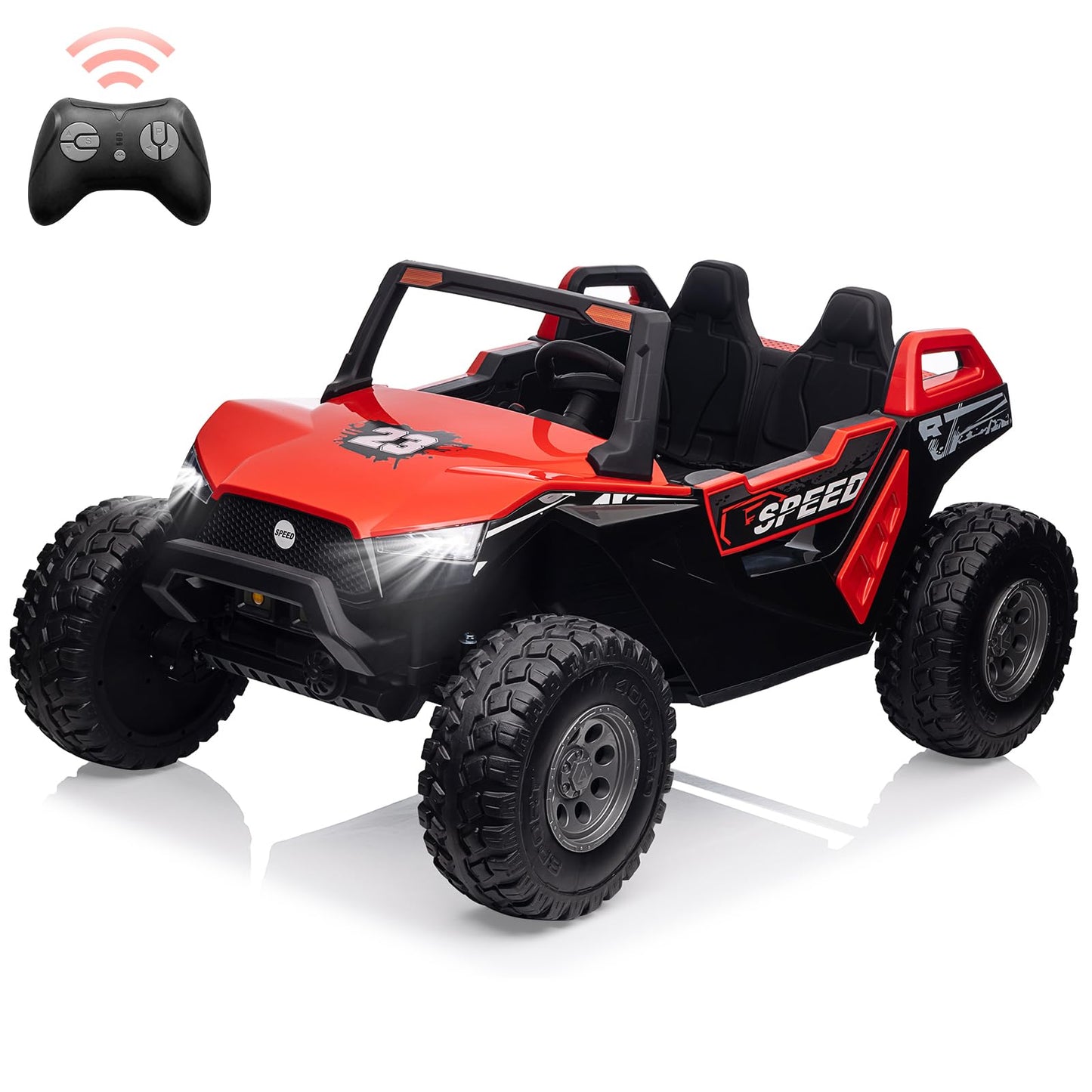 Garvee Ride - P Series: 24V 2-Seater Ride-On UTV: Remote Control, 4WD Motors, 21" Seats + Foldable Seat, 15.4" EVA Wheels, Music, LED Lights, 140lb Max Load - Red