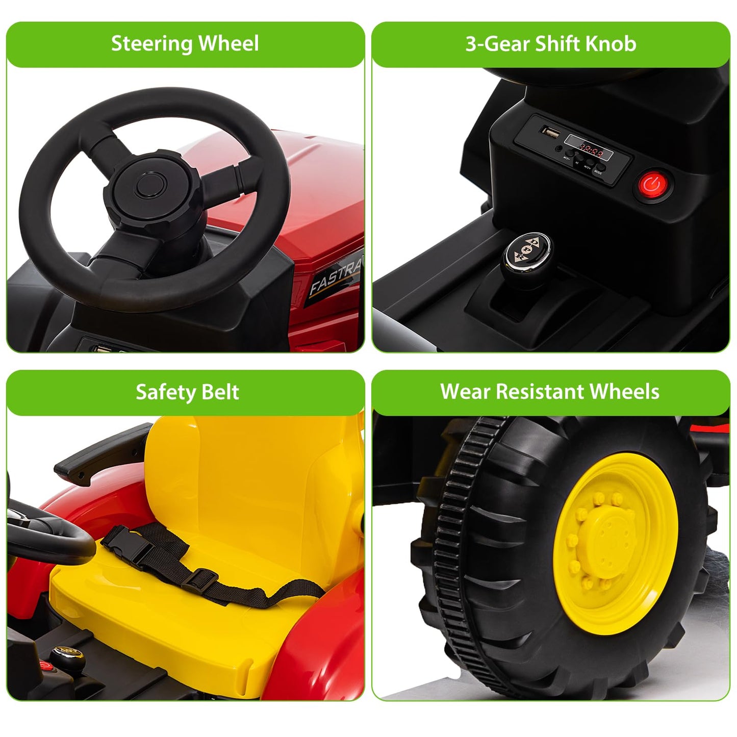 Garvee Ride - P Series: 12V Remote Control Tractor for Kids with 7-LED & Safety Belt - Red