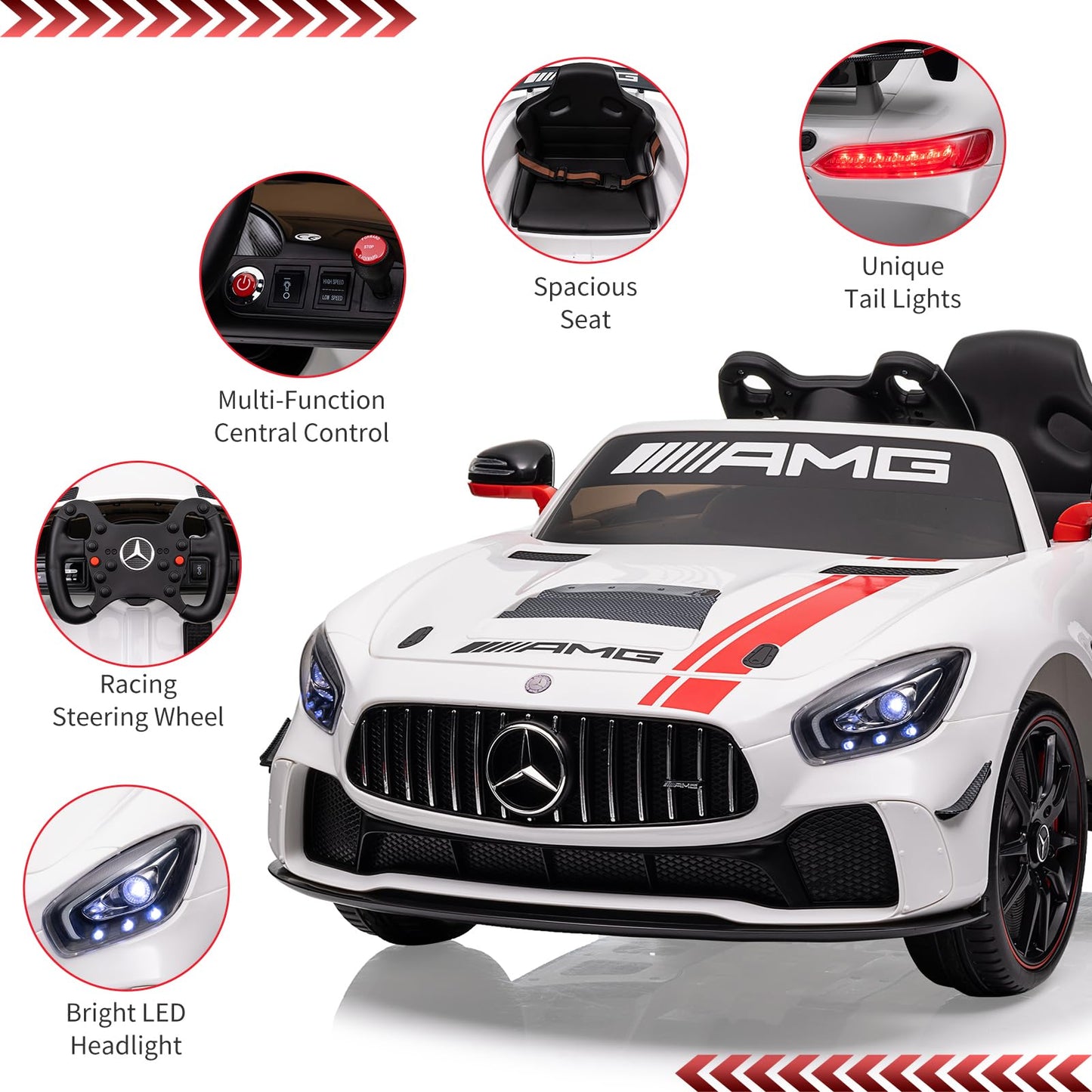 Garvee Ride on Car for Kids with Remote Contorl, 12V Licensed Benz AMG Electric Vehicles Battery Powered Sports Car,Sound System, LED Headlights,One Button Assemble Wheels for 3-8 Years Boys Girls - White